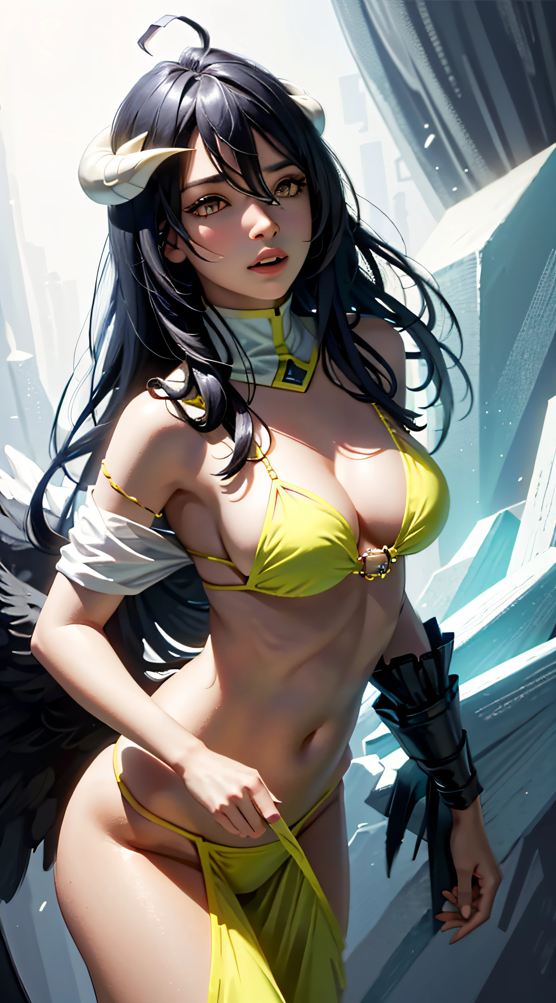 master part, best quality, ultra-detalhado, illustration, Epic lighting, cinematic  composition, isometria,(Hexagons:1.2), (((bikini))), 1 cinta, Chifres, sozinho, olhos amarelos, cabelos pretos, cabelos longos, (asa baixa:1.2), clivagem grande, bareshoulders, cabelo entre os olhos, medium breasts, (vestido branco:1.1), golden decoration, colarinho destacado, Ver o visualizador, Olhos Semi-Fechados, (Ver o visualizador:1.1), Split lip, corar, Penas pretas caem, Arena, particle fx, (8k:1.1)
