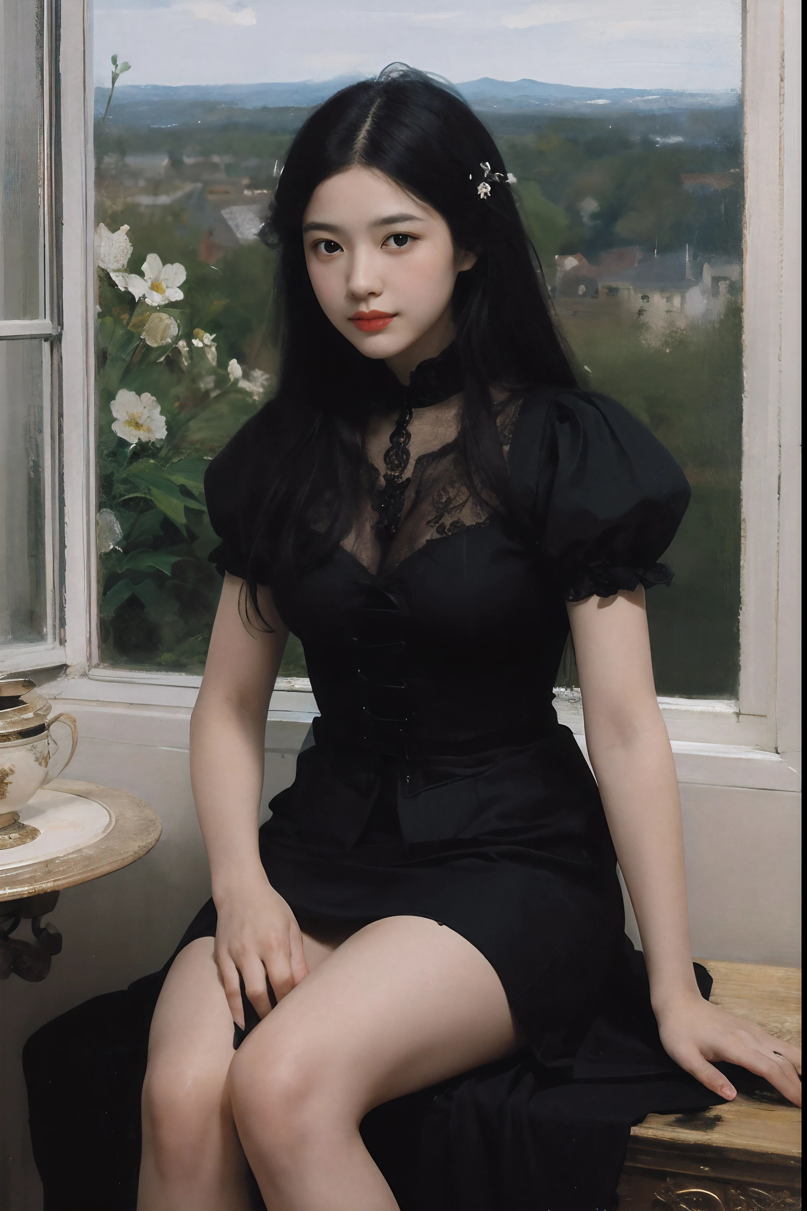 (Oil painting: 1.5),
\\
A woman with long black hair and white flowers in her hair sits by the window, (Amy Saul: 0.248), (Stanley Arteg Liu: 0.106), (a detailed painting: 0.353), (Gothic art: 0.106)