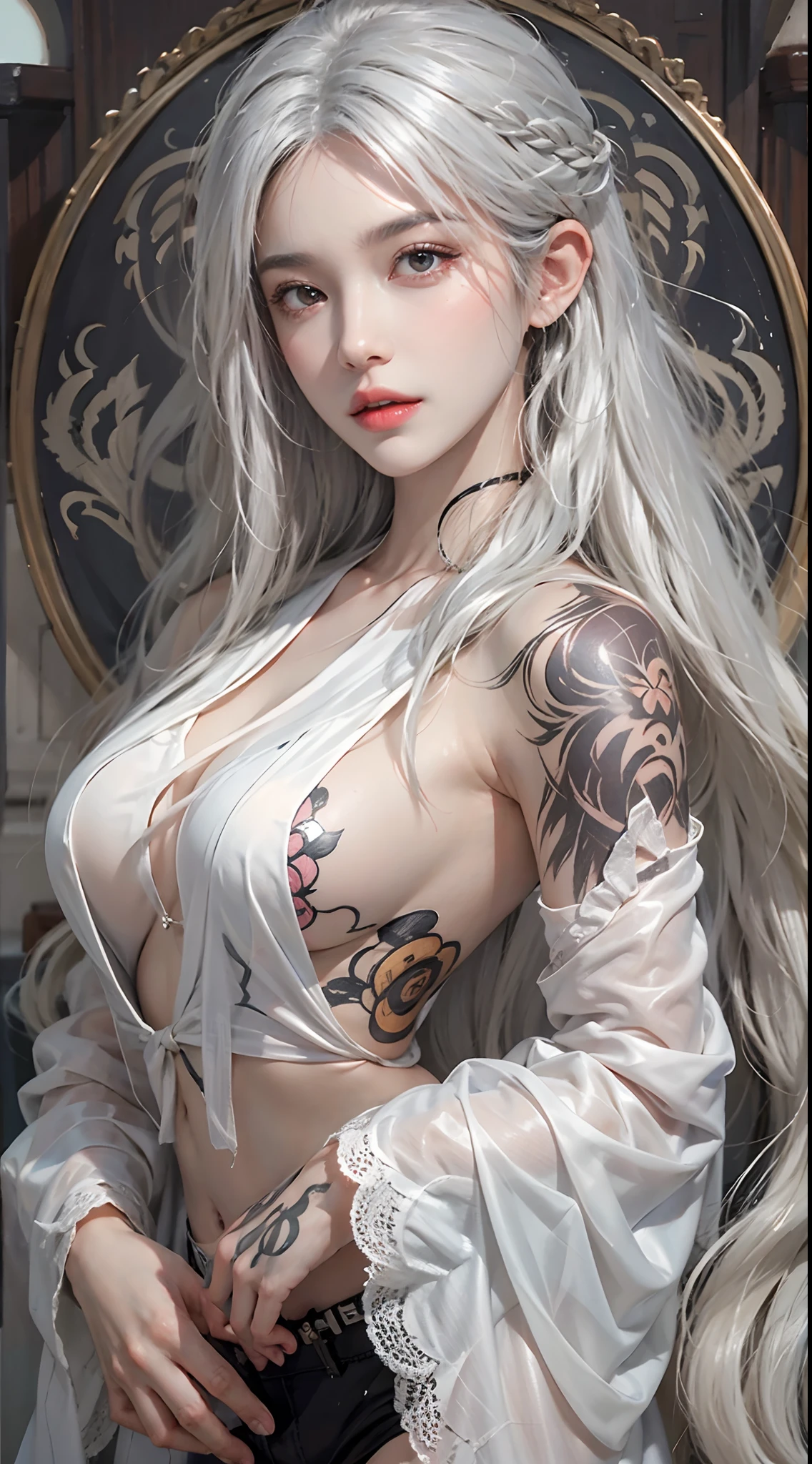 photorealistic, high resolution, 1women, solo, hips up, look at viewer, (detailed face), white hair, long hair, medium breasts, tattoo, taoist