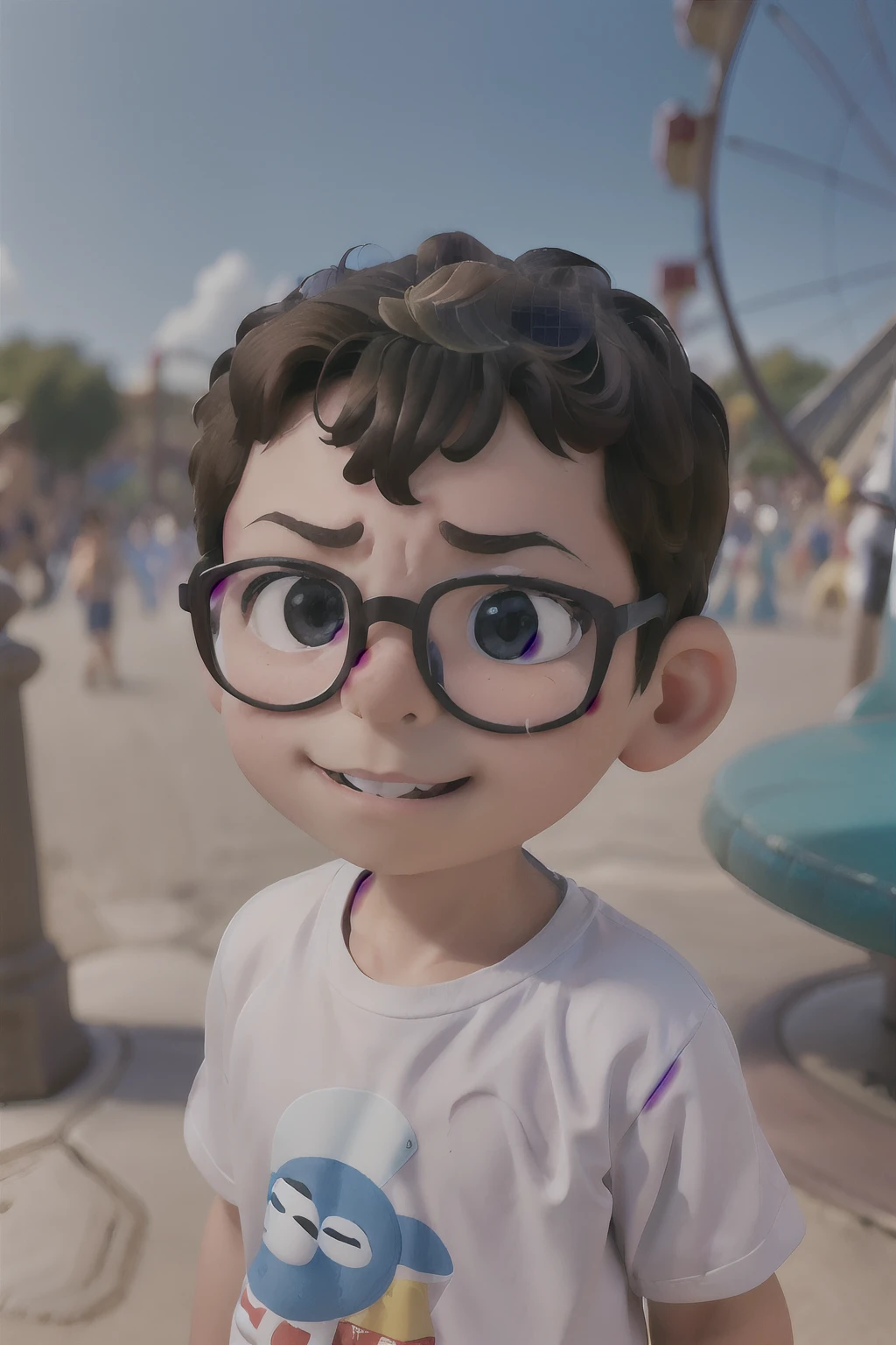 Capture the charm of a 3-year-old boy wearing glasses, his face glowing with a thrilling smile as he looks directly into the camera. His youthful face and skin are impeccably detailed, showing all the nuances and innocent expressions.The background features a theme park or amusement park, mas intencionalmente borrado para criar um forte efeito bokeh, with a cloudy day providing soft and soft lighting. This moderate lighting should shed a heat, brilho difuso sobre o rosto do menino, accentuating his adorable features.The image should be crafted with extreme attention to detail, reminiscente do amado estilo Disney Pixar. This style is known for its realistic and charming character design and attention to facial expressions and details.The boy's clothing and appearance should be in accordance with the style, emphasizing Pixar's unique charm. The setting should include elements of a theme park, as colorful attractions and a playful atmosphere, embora estes devam ser sutil e artisticamente borrados para manter o foco no menino.The resulting image should encapsulate the thrilling and emotive qualities characteristic of Disney Pixar's storytelling, criando um momento cativante que ressoa com os espectadores.