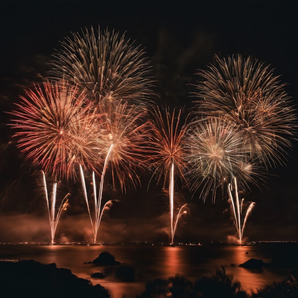 Brilliant fireworks in the night sky，bird's eyes view，A small island in the Pacific Ocean，Huge colorful fireworks cover the night sky