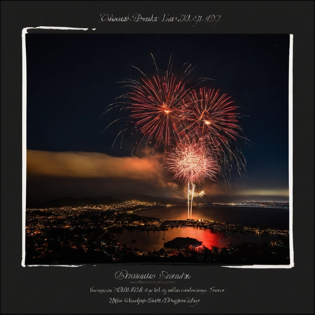 Brilliant fireworks in the night sky,bird's eyes view,A small island in the Pacific Ocean,Huge colorful fireworks cover the night sky