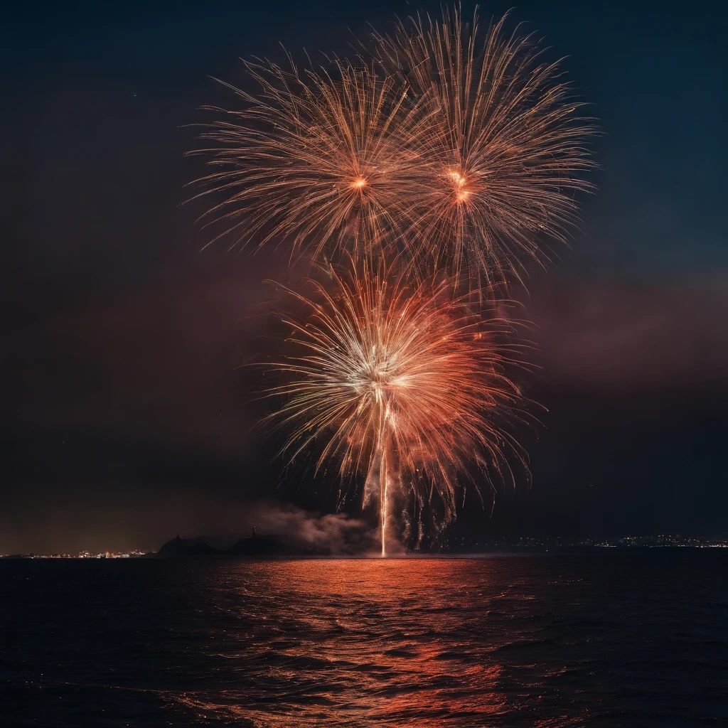 Brilliant fireworks in the night sky,bird's eyes view,A small island in the Pacific Ocean,Huge colorful fireworks cover the night sky