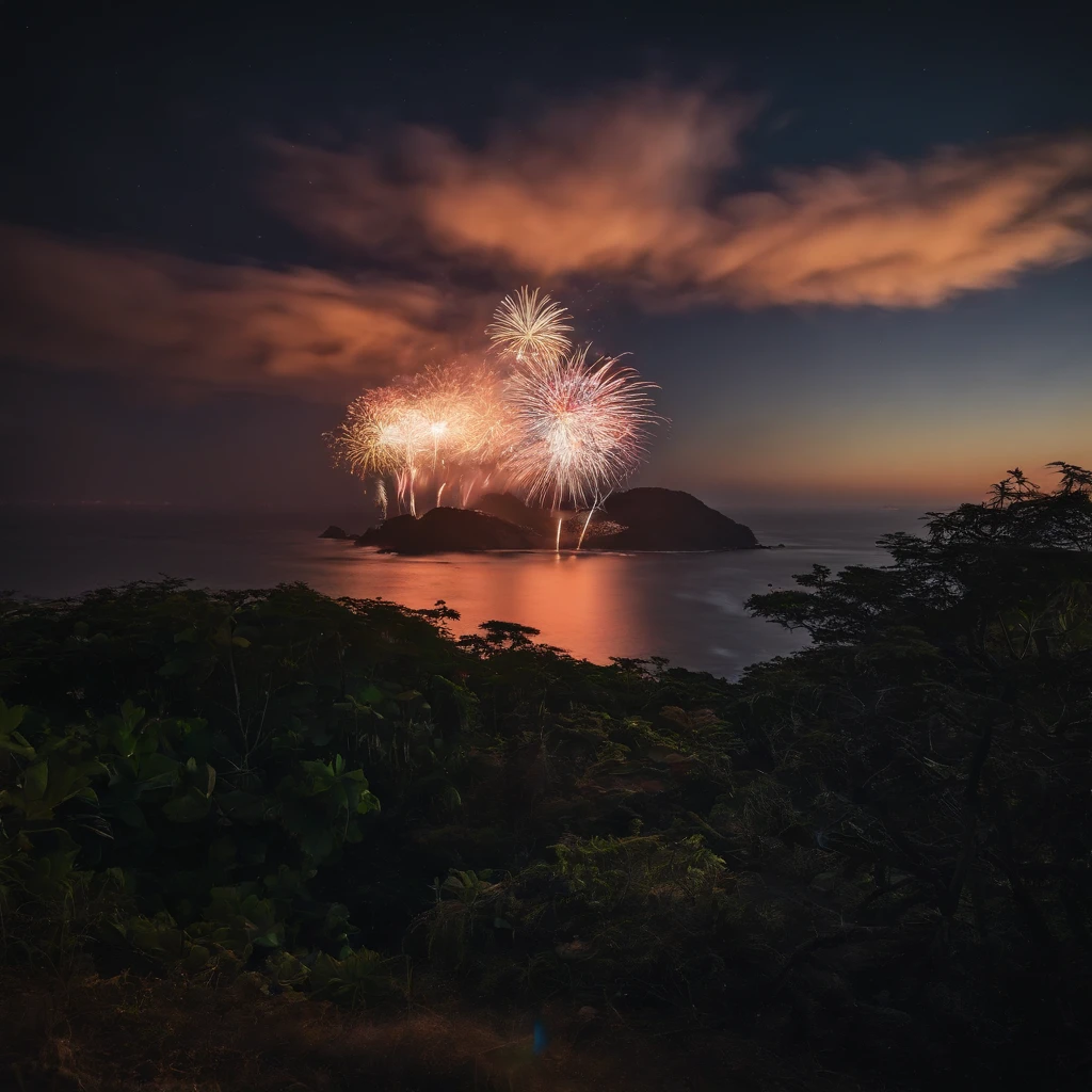 Brilliant fireworks in the night sky,bird's eyes view,A small island in the Pacific Ocean,Huge colorful fireworks cover the night sky