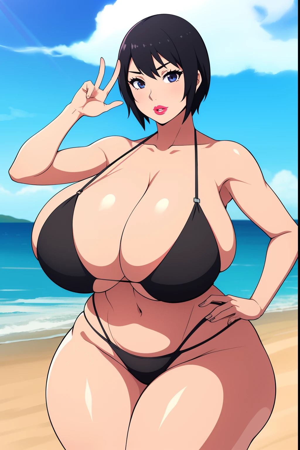 Shizune, 1girl, ((bimbo))), short black hair, puffy lips, painted lips, thick lips, wide hips, thick thighs, huge ass, bimbo face , enormous huge natural breasts, black bikini, on the beach, hanging breasts, posing, hand signs,