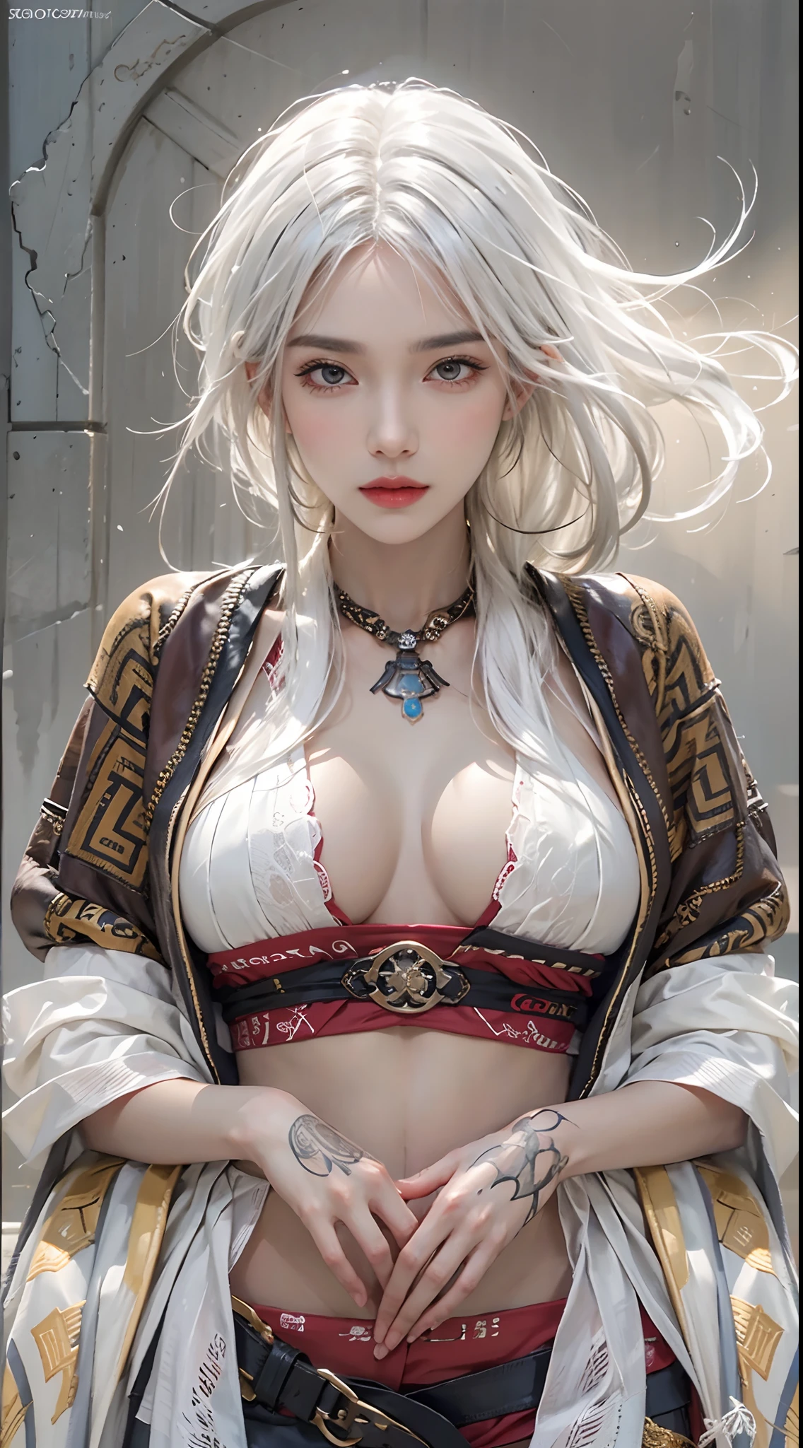photorealistic, high resolution, 1women, solo, hips up, look at viewer, (detailed face), white hair, long hair, medium breasts, tattoo, taoist