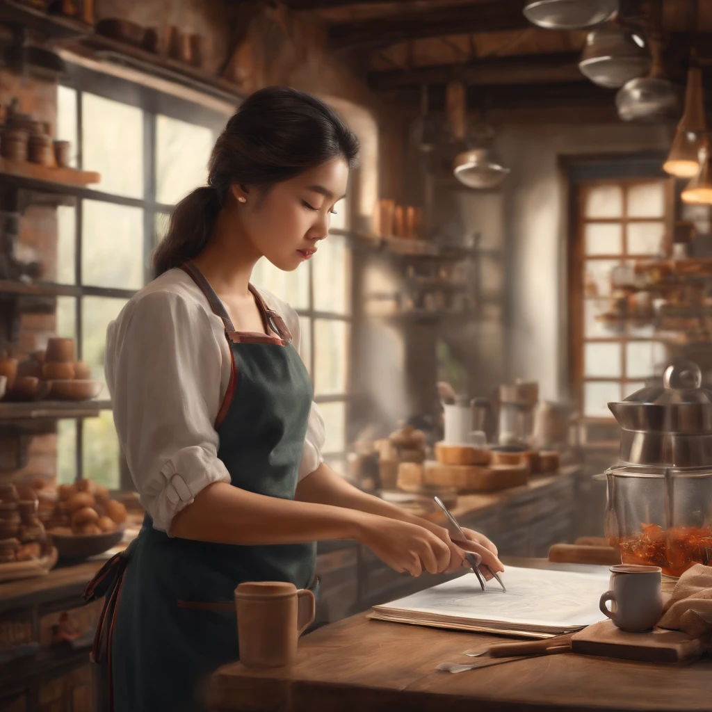 Woman artist in workshop drawing, asian girl, macro shot, coffee shop, photoristic, young woman, wear apron