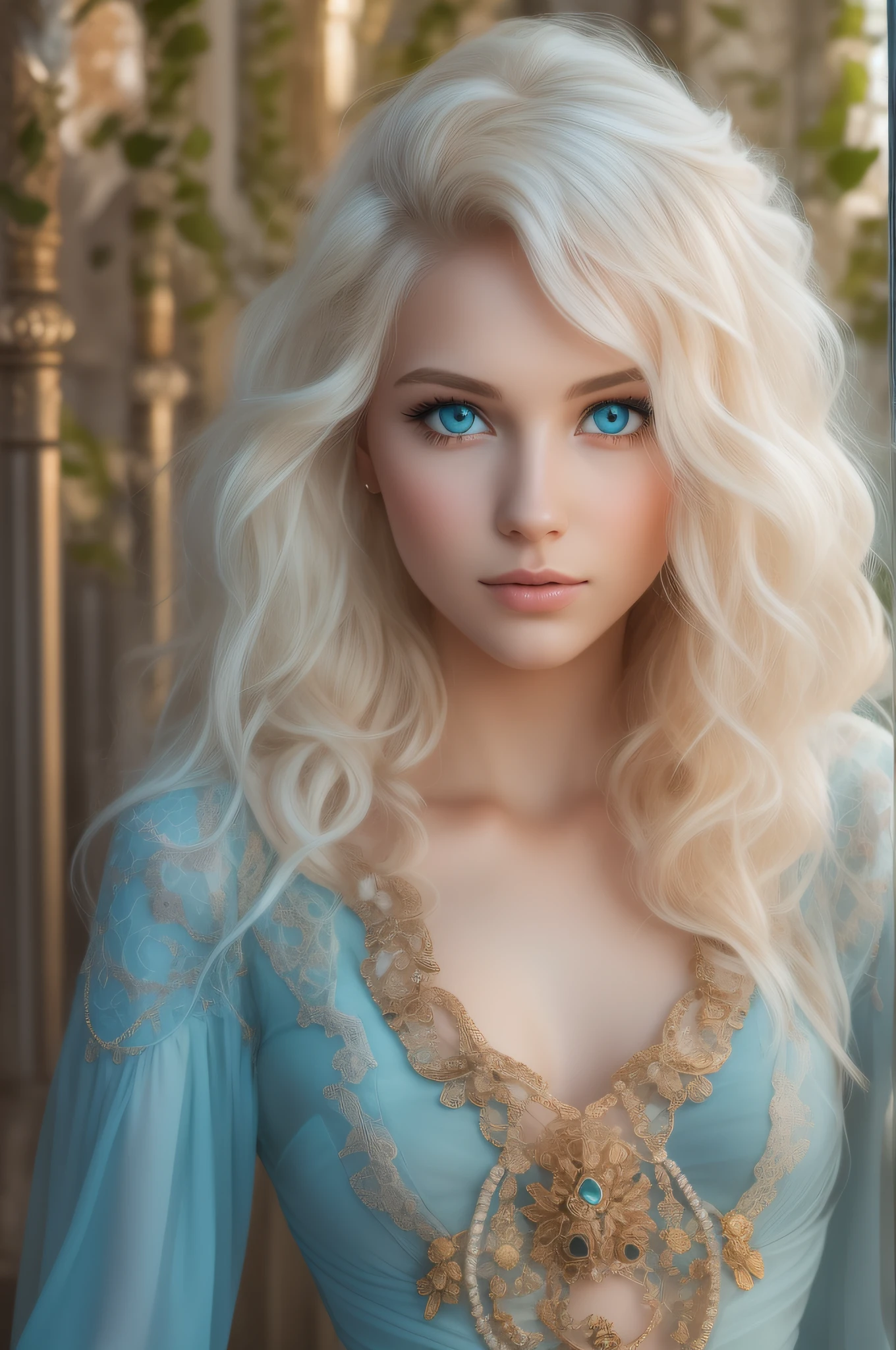 A woman of beauty in a fantastic space, Tight micro, deep cut, dress ice blue and gold color, 98k, {{Masterpiece}}, Best Quality, High Quality:1.4), {{[[FRONT LOOK}}, eye_contact, Various poses)]], very pretty look face, and very pretty eyes, cute images, lovely images, {{whole full body}}, {{{{{{{{Long legs}}}}}}}}, {{{{slim sexy body}}}}, {{{{{{Tall woman}}}}}}, {{177 cm tall}}, solo, beautiful, lovely, adorable, pale skin, {{18t o 22 years old German girl}}, look beautiful German girl and blue eyes or green eyes with platinum blonde hair color), Nordic German young girl, {{{{{{{{{{full body}}}}}}}}}}, {{{{{{{{{{high_heels}}}}}}}}}},