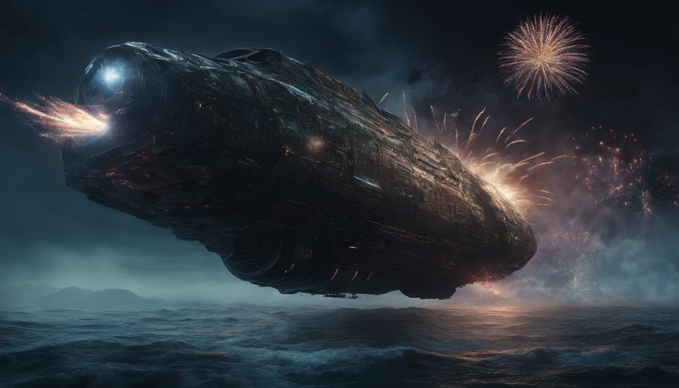 a starship hovering over the sea, moonlight, (multicolored firework:1.3), particle effects, octane render, (detailed), intricate details