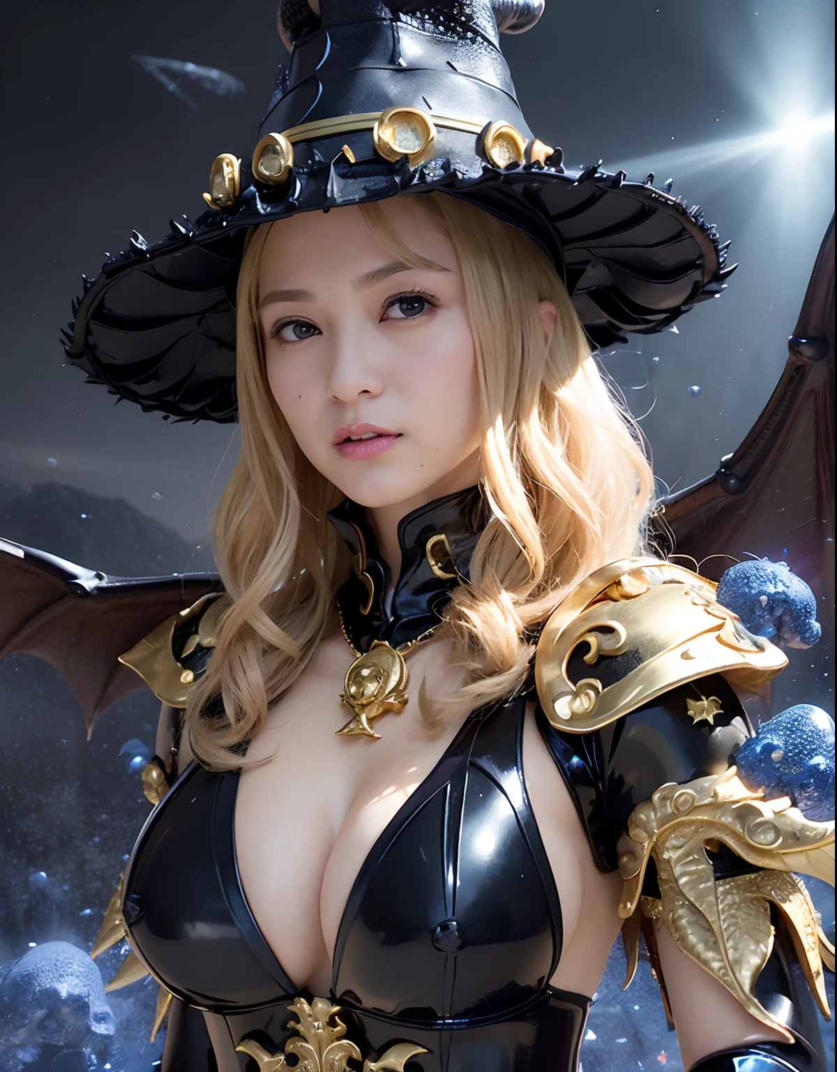 ((World of Darkness)),Professional , masterpiece、top-quality、photos realistic , depth of fields 、(((With a magic wand of gems))),(Dragon Black Metal Body:1.9),(latex black-blue、(cleavage of the breast)(Fight dragons)、、(((Particles of light))),(Micro Bikini Armor:1.7),Gorgeous gold weapons ,(Fight dragons)、Seductive look、(blood splattere、((((With a magic wand))), ) , (((Wearing a black latex wizard hat))),(demonic wings) ,((a blond))、(Castle background)、((Gangle's forest background))、Beautiful Caucasian beauty、1a person、dynamic ungle,(((Detailed and ornate dragon wizard hat)))、Smaller head、A smile、Castle background、Thin and beautiful female hands、cleavage of the breast、Soldier in iron armor on background、Mystical expression、Light Effects、intense fighting、Wind-effect、magic circles、With the legendary magic wand、Dragon's tail、explosions、Toostock、Toostock、