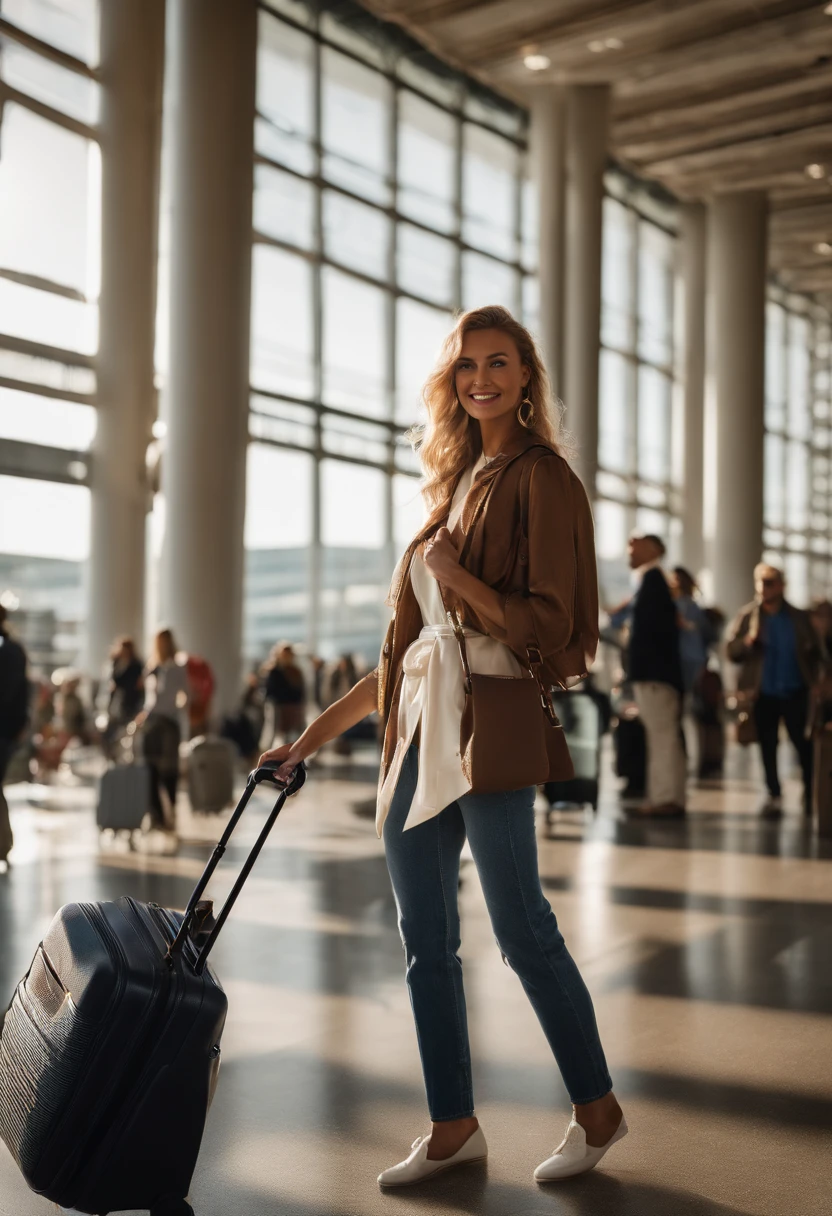 model standing at the entrance of a bustling airport terminal. She's radiating confidence and style, wearing a chic travel outfit - a white oversized blouse tied at the waist, high-waisted jeans, and pristine white sneakers. Her hair is perfectly tousled, and she's carrying a stylish leather backpack slung casually over one shoulder. The bustling airport terminal is a hive of activity, with people rushing to and fro. There's a sense of excitement in the air as travelers of all kinds hurry to catch their flights., Behind our model, you can spot a huge departure board displaying a myriad of destinations, each with its respective gate number and departure time. The giant glass windows behind her offer a glimpse of the aircraft waiting on the tarmac, bathed in the golden glow of the setting sun. Passengers with luggage in tow and airport staff in uniform create a dynamic background, emphasizing the busy travel atmosphere., The model's confident smile and the anticipation in her eyes captur, blonde hair, depth of field, ray tracing, Sony FE, Nikon, 85mm, UHD, retina, masterpiece, ccurate, anatomically correct, textured skin, super detail, high quality