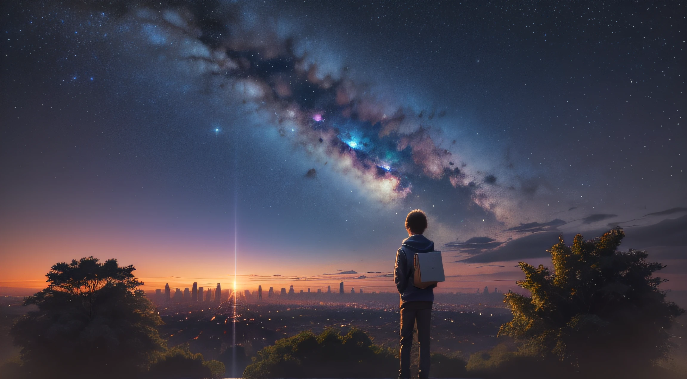 octans, heaven, estrela (heaven), paisagem, starly sky, noite, 1boy, night sky, solo, ao ar livre, bilding, nuvem, milky ways, sentado, tree, cabelo longo, cidade, silhueta, paisagem urbana --auto --s2
