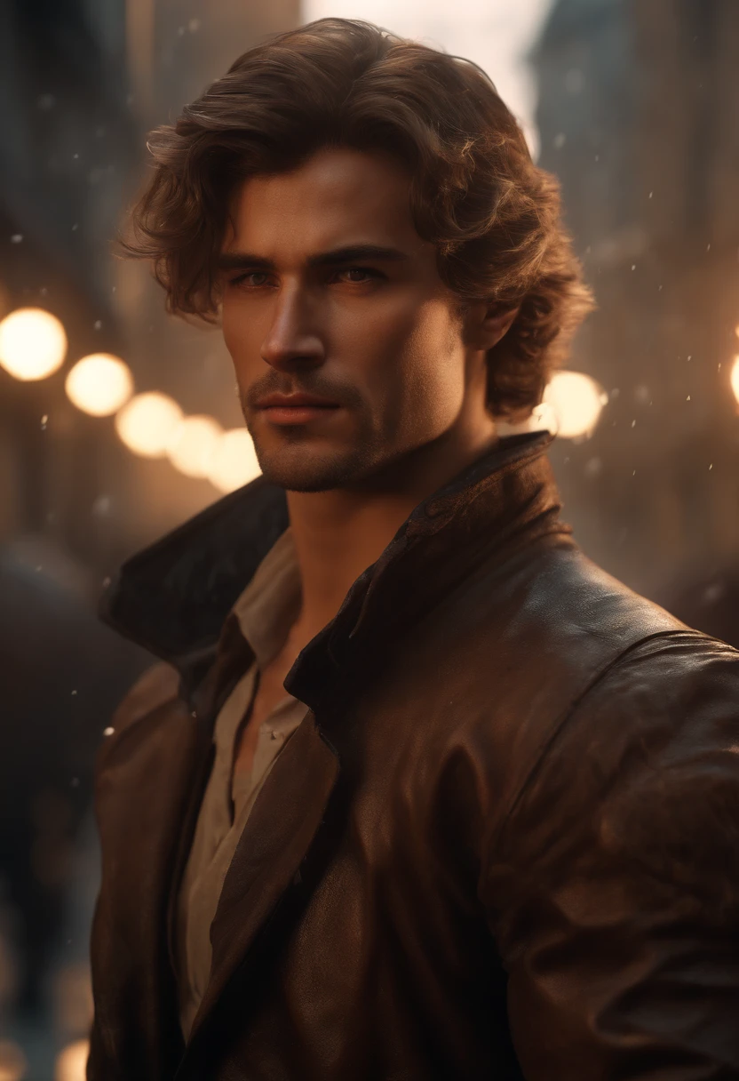 (professional 3d render:1.3) af (Realistic:1.3) most beautiful artwork photo in the world,Features soft and shiny male heroes, ((Epic Modern futreristic hero fantasy muscle man rough hero angry look short messy hair short beard and ferocious expression in dynamic pose, Fantastic location, Majestic cluttered environment)), full body 8k unity render, action shot, skin pore, dark lighting, heavy shading, Detailed, Detailed face, (vibrant, photograph realistic, Realistic, Dramatic, Dark, Sharp focus, 8K), (Old leather garments damaged by weathering:1.4), ((((Wear fur)))), (Intricate:1.4), decadent, (Highly detailed:1.4), Digital painting, rendering by octane, art stations, concept-art, smooth, Sharp focus, illustration, Art germ, (loish:0.23), wlop ilya kuvshinov, and greg rutkowski and alphonse mucha, (Global illumination, Studio light, volumettic light), heavy rain, particles floating, lotr, fantasy, elf, full bodyesbian, ((Dark and ancient city background:1.3)),CGSesociety,art stations