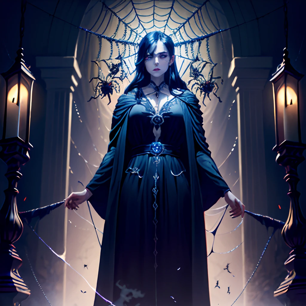 `(1 female, adult, dark elf), long, black hair, sapphire eyes, cloaked in a robe woven with spider silk and decorated with spider emblems, conducting a ritual under a massive spider statue in an ancient underdark temple, realistic, fantasy setting, high resolution, detailed, color ` Dark Elf witch with skulls,