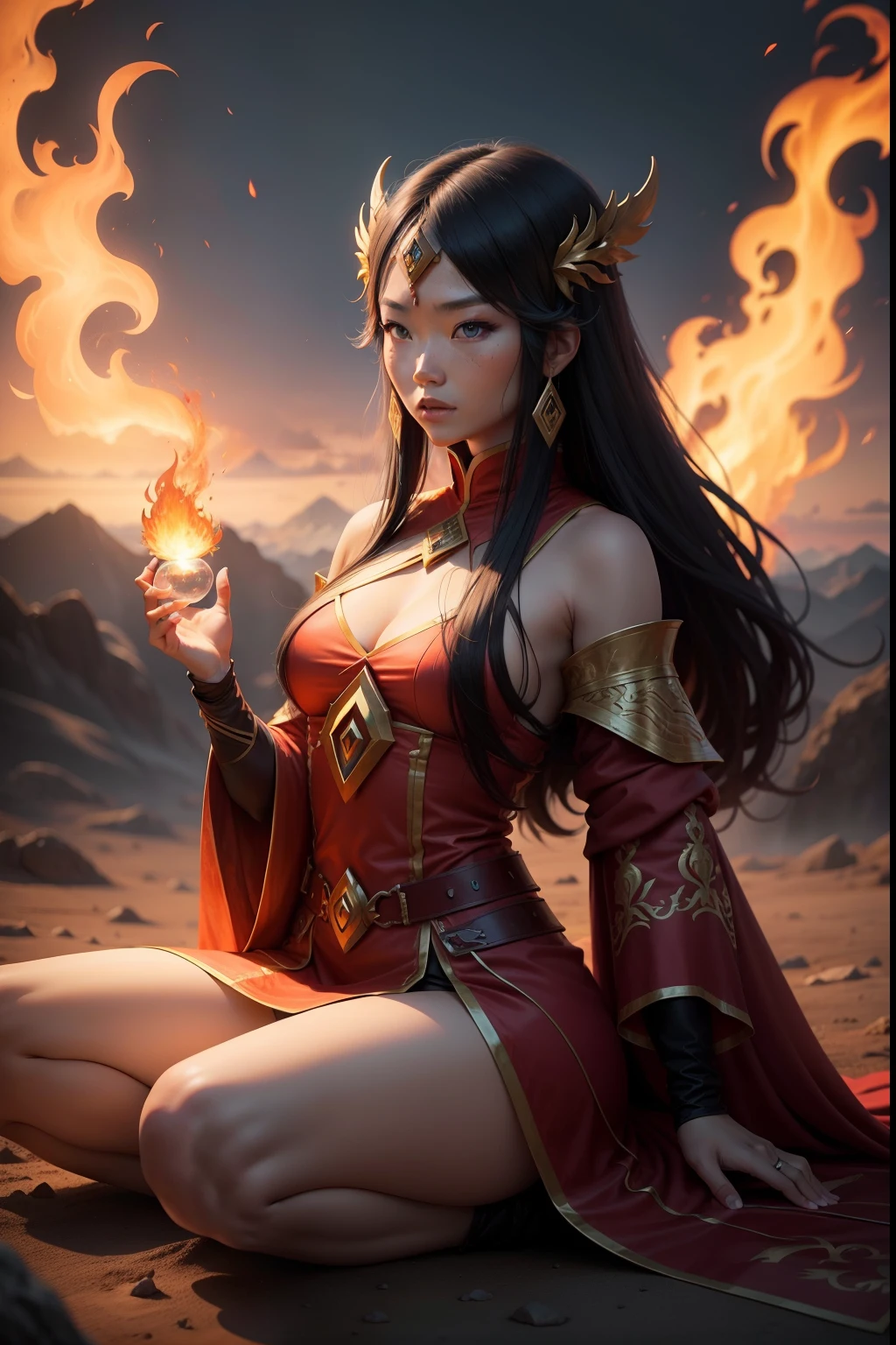 1girl, beautiful fire and lava goddess, detailed glowing eyes, detailed face, detailed skin,mature body, tall body,seductive body,medium breast, medium thigh, BREAK magma and volcano backgrounds, phoenix in sky, highly saturating fire beam, flame ceremony, BREAK fire balls, burning crown, countless of red and orange fire spark dazzling around, burning magic circle, burning fire chain, glowing red fire seeds and feather flying around, a lot of fire, fire emblem, detailed clothes, detailed jewelry, best quality, masterpiece, trending on Art station, Detailed,Realistic,4k highly detailed digital art,octane render, bioluminescent, BREAK 8K resolution concept art, realism,by Mappa studios,masterpiece,best quality,official art,illustration,ligne claire,(cool_color),perfect composition,absurdres, fantasy,focused, ((looking_at_viewer, facing viewer))