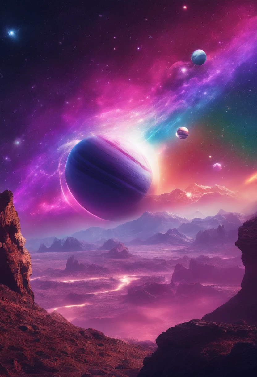 Fantasy landscapes on a foreign planet, Bright rainbow and planets with rings in the sky