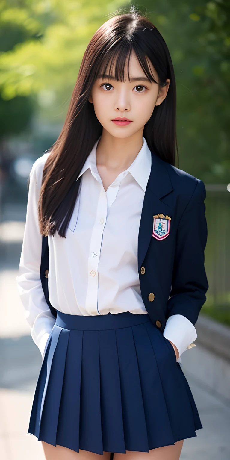Neat and clean schoolgirl、(Schoolgirl Uniform、Loose and large shirt、Shoulders are visible、Nipple bumps、16yo girl、shirt wet、Sheer white shirt、Navy blue ribbon at the collar、School Uniform Blazer、Dark blue pleated micro mini)、Outside the field、(Slimed)、Photorealsitic、detaileds, Skin Texture, ultra-detailliert、Delicate and sexy collarbone、Super Detailed Face、Detailed lips、A detailed eye、二重まぶた、tiny chest、Smaller chest、small tit、Small、flat breast、Emphasis on the chest、Very distressed look、Very embarrassed look、Lift the hem of the skirt yourself,、Show the camera your white panties、pantyshot、The figure that seems to be able to see the panties、I can see my panties、Panties visible through the gap between the thighs、Panties visible through the gap between the legs、Panties visible from the legs、