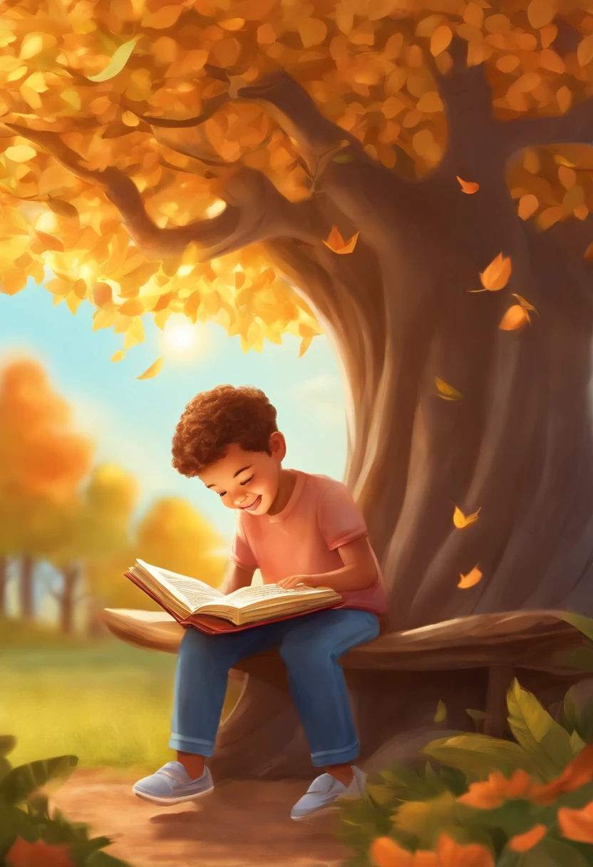 Cartoon-style child sitting on a bench under a tree of colorful booksla stands with a radiant smile on his face as he plunges into the magical pages of a charming story. The sun shines softly through the leaves of the tree, criando um ambiente acolhedor e tranquilo. estilo cartoon infantil, lugar magico