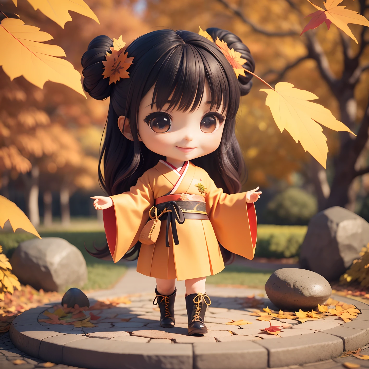 Cute Baby Chibi Anime、(((Chibi 3D))) (Best Quality), (masutepiece)、Long Black Hair、Japan hair ornament、taisho roman、Red and orange kimono、Colored leaves、Royal Botanic Gardens in Autumn、specimen、Open your mouth and smile、Standing、stone pavement、Laced boots、Holding the autumn leaves in your hands