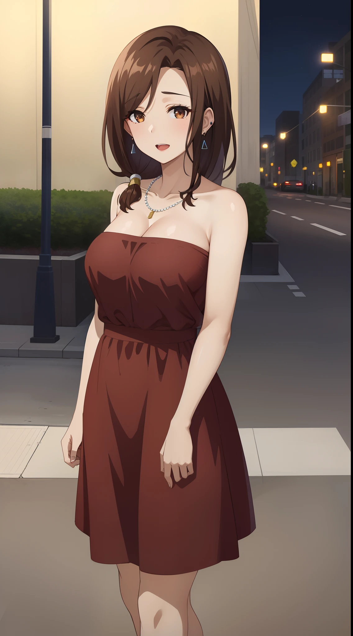 best quality, (masterpiece:1.2), highly detailed, outdoors, city, street, night, standing,
1girl, solo, gotou airi, one mole under eye,
looking at the viewer, large breasts, slight smile, open mouth, mature female,
brown eyes, brown hair, long hair, necklace, earrings, collarbone, strapless dress, purple dress