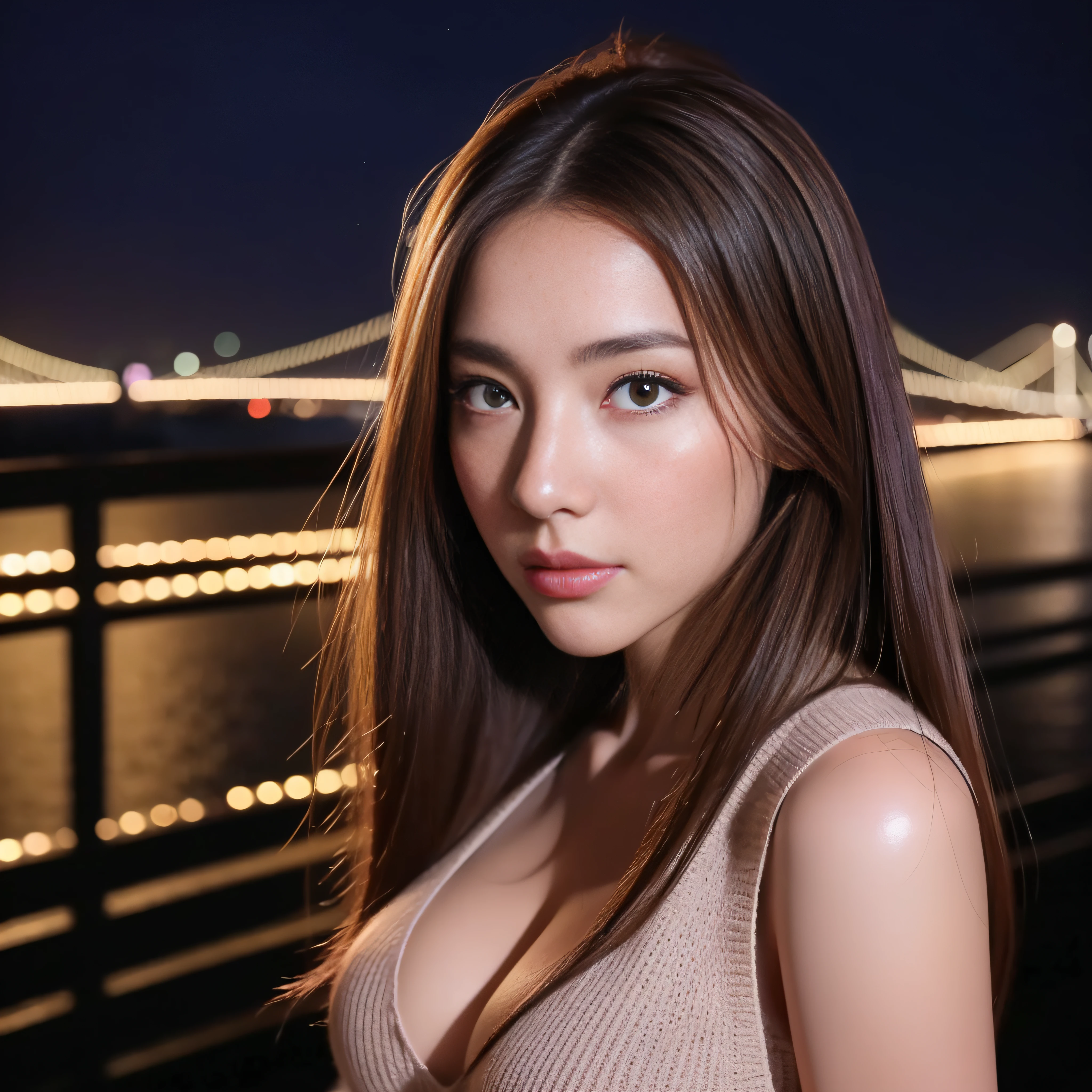 8K with the highest image quality、beautiful mature women、Beautiful face、Strong-minded woman、Beautiful breasts、Sleeveless knitwear、brown haired、Brown-eyed、Medium Long Hair、Full body like、Undersized eyes、well-formed nose、View of the large suspension bridge、nighttime scene