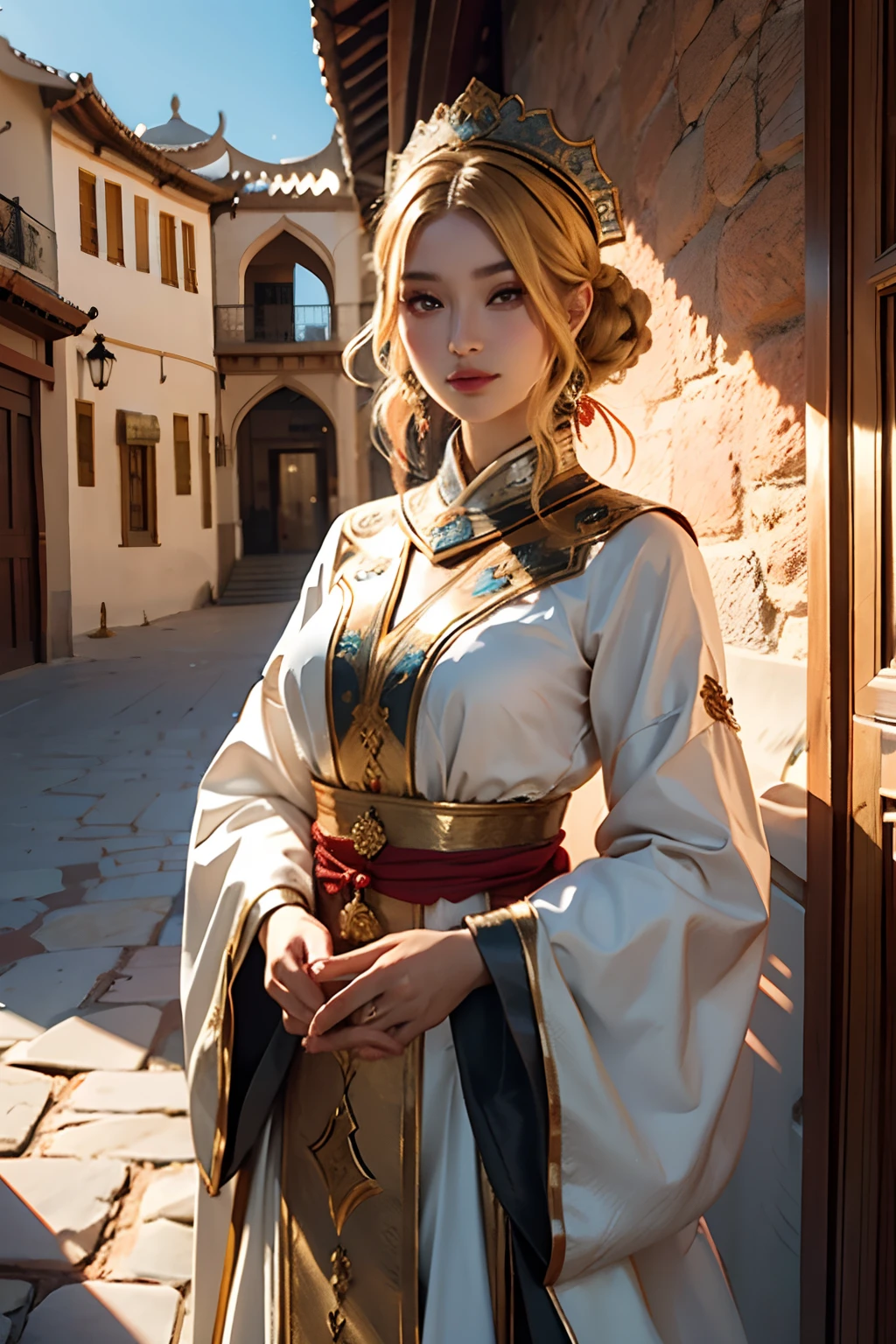 beste-Qualit, master piece, ultra highres, (photoreallistic: 1.4), xiuxian, arme, face detailed, 1fille, European beauty super beautiful hyper realistic door islamic caftan, (cercle magique: 1.2), caftan noire et rouge haut du corps, Beautiful very beautiful European woman blonde hair , corps complet, moroccan architecture, gaine, architecture