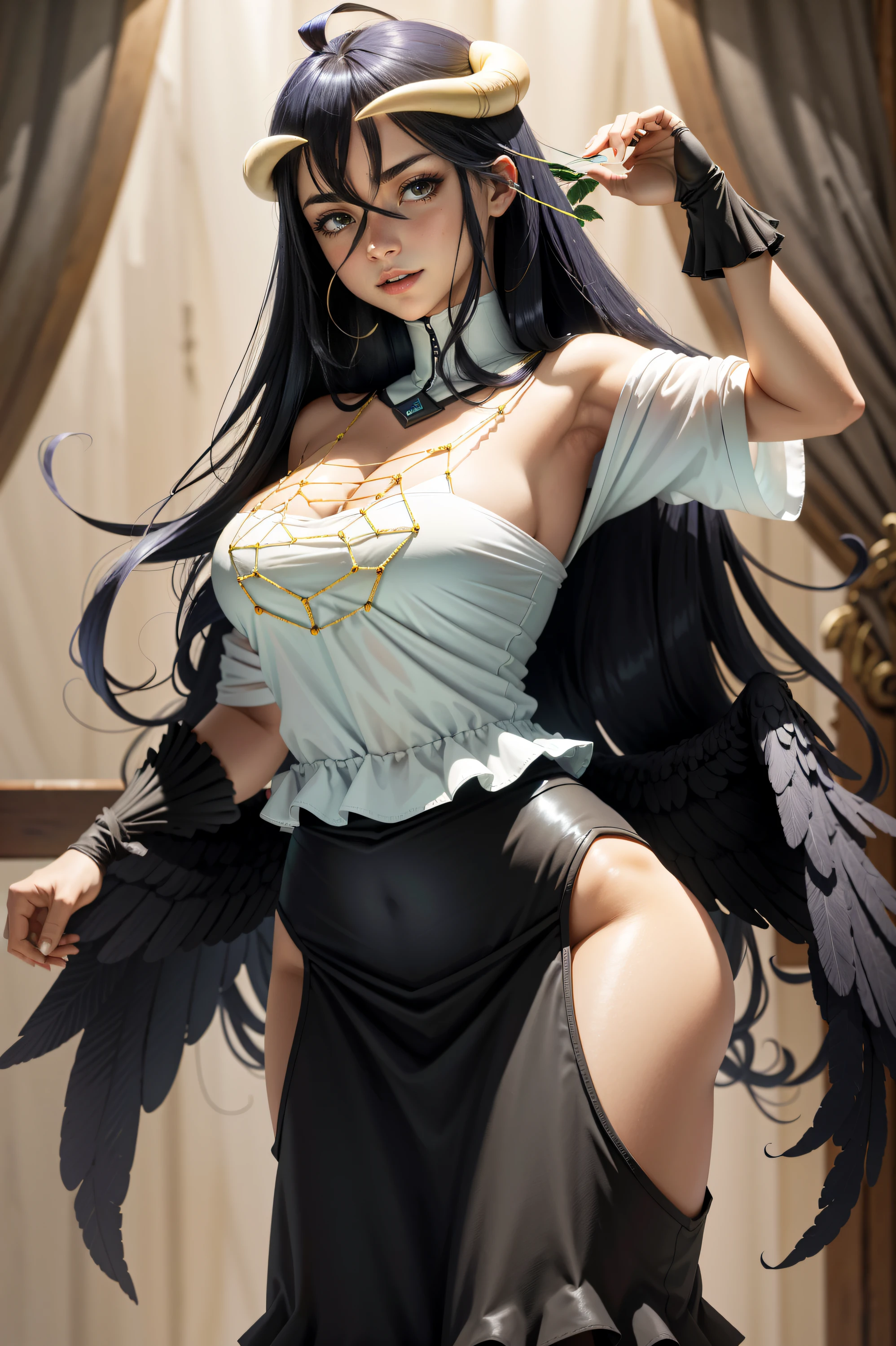 obra-prima, melhor qualidade, alta resolução, al1, ((pelada, sexy)), demon horns, Alunos de fenda, (cabelos negros), luvas brancas, vestido branco, ombros nus, Detachable paste, Fission, asas negras, feathered handles, asas baixas, Cowboy morto a tiros, situation, perda, sorriso maligno, Reach Out, arms extended, arms extended,