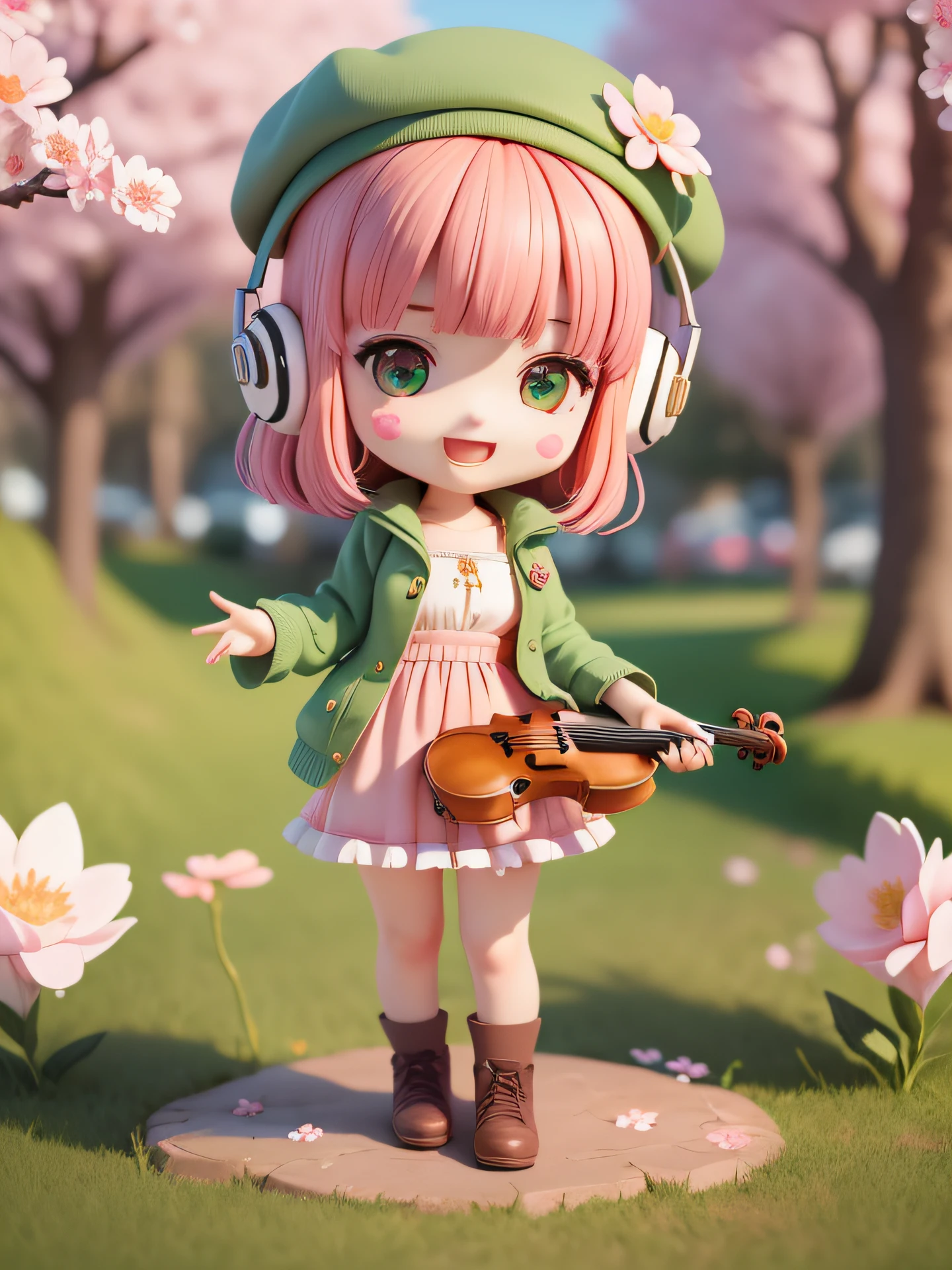 (masterpiece),(best quality),(ultra-detailed), (full body:1.2), 1girl,chibi,cute, smile, open mouth, flower, outdoors, playing violin, music, beret, holding violin, jacket, blush, tree, :3, shirt, short hair, cherry blossoms, green headwear, blurry, brown hair, blush stickers, long sleeves, bangs, headphones, pink hair, pink flower, (beautiful detailed face), (beautiful detailed eyes),