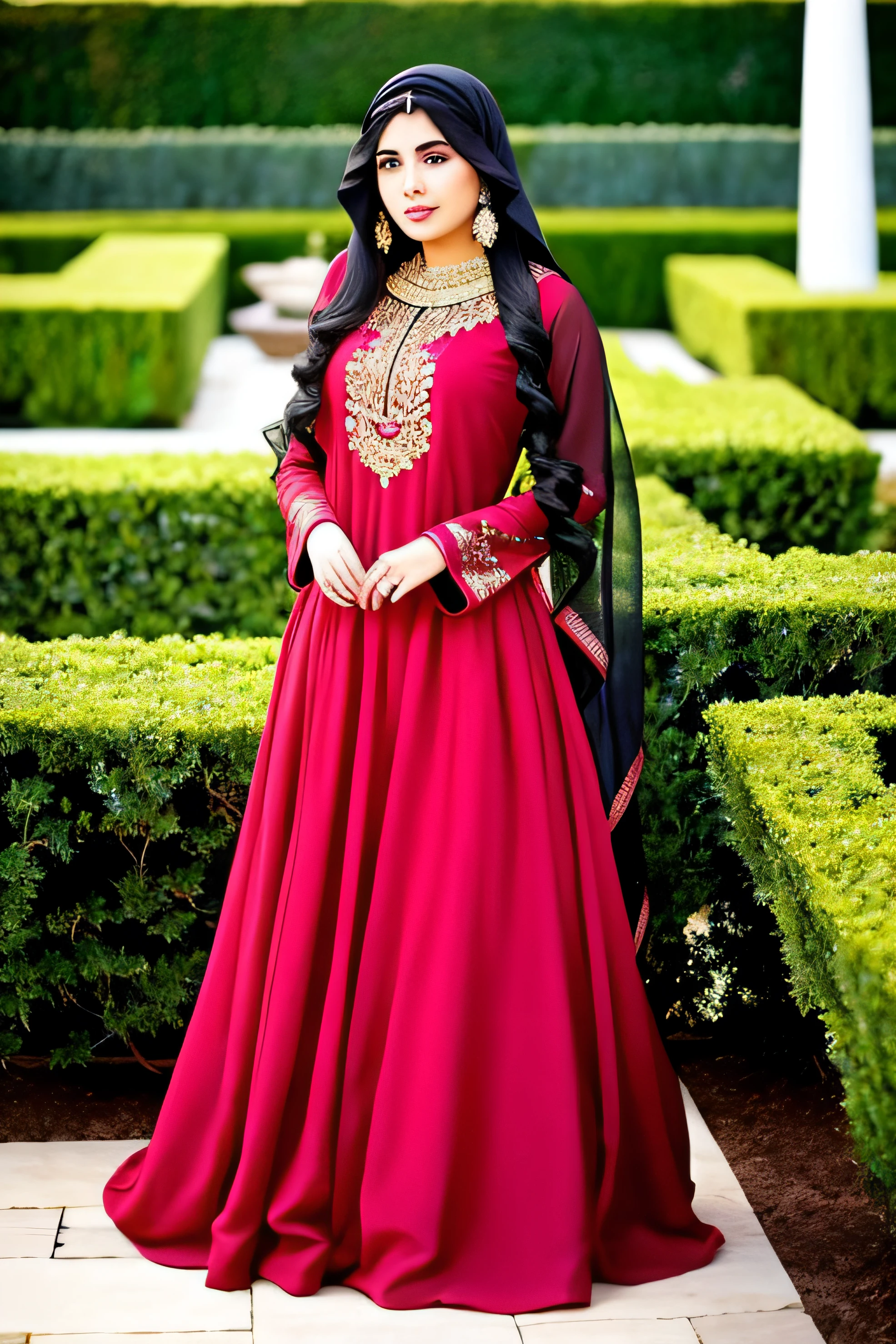 Female beautiful Arab features long black hair wearing a beautiful red dress standing in the garden
