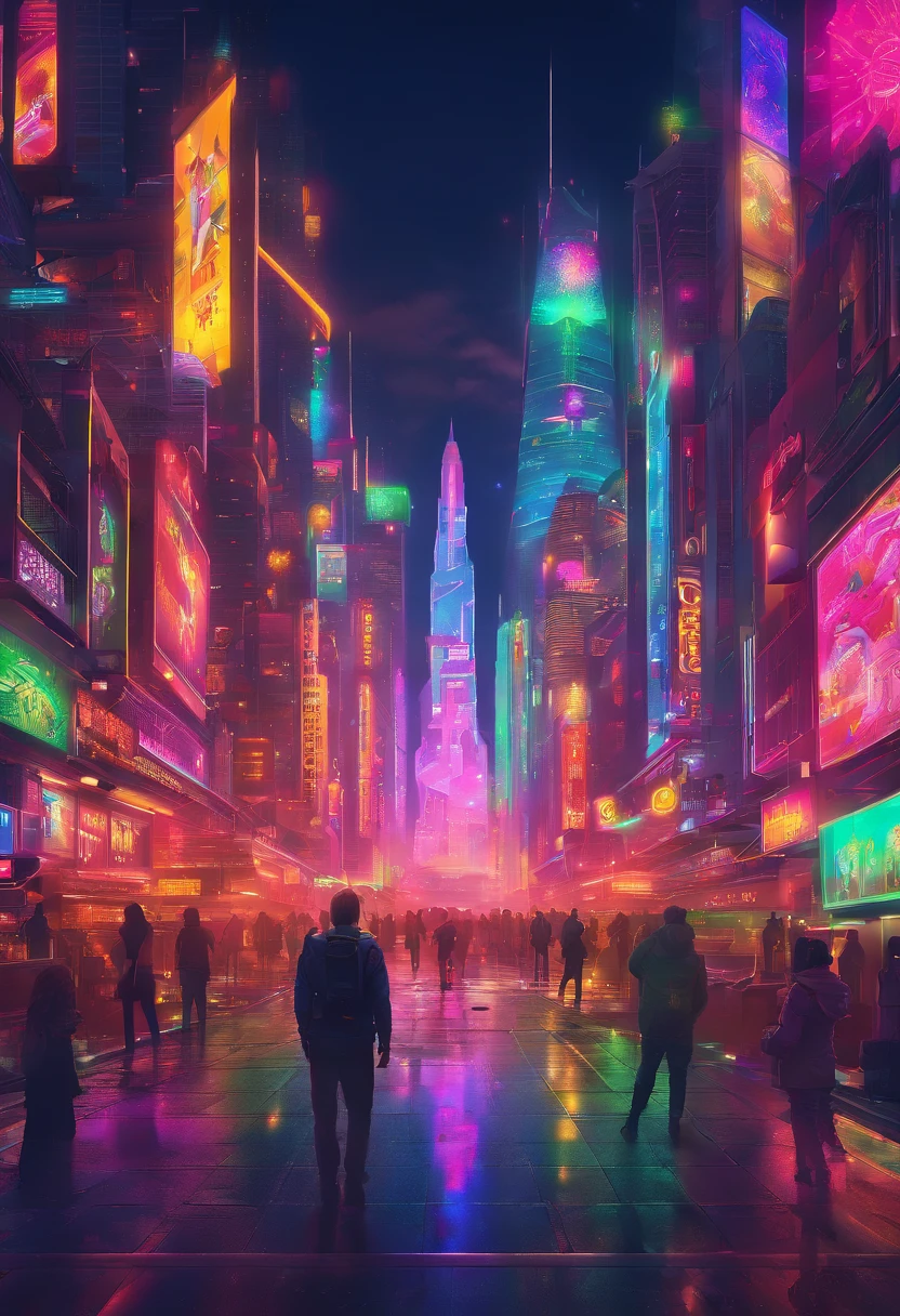 Brilliant fireworks in the night sky,A bustling cybercity,Huge colorful high-tech fireworks cover the night sky,Dragon totem shaped dazzling,A stunning visual spectacle,rainbow,bird's eyes view