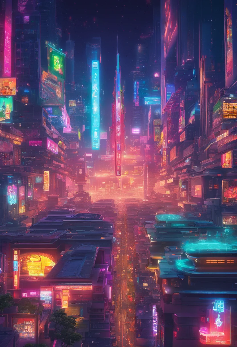 Brilliant fireworks in the night sky,A bustling cybercity,Huge colorful high-tech fireworks cover the night sky,Dragon totem shaped dazzling,A stunning visual spectacle,rainbow,bird's eyes view