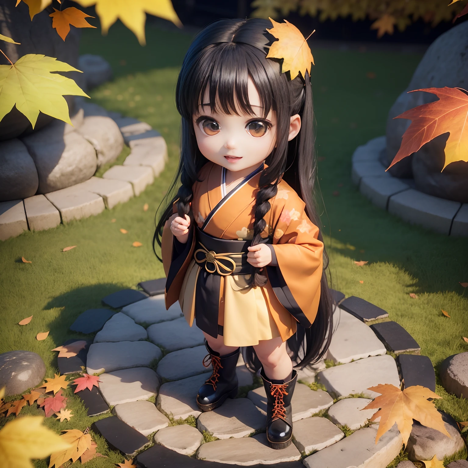 Cute Baby Chibi Anime、(((Chibi 3D))) (Best Quality), (masutepiece)、Long Black Hair、Japan hair ornament、taisho roman、Green and orange kimono、Colored leaves、Royal Botanic Gardens in Autumn、specimen、Open your mouth and smile、Standing、stone pavement、Laced boots、Holding the autumn leaves in your hands