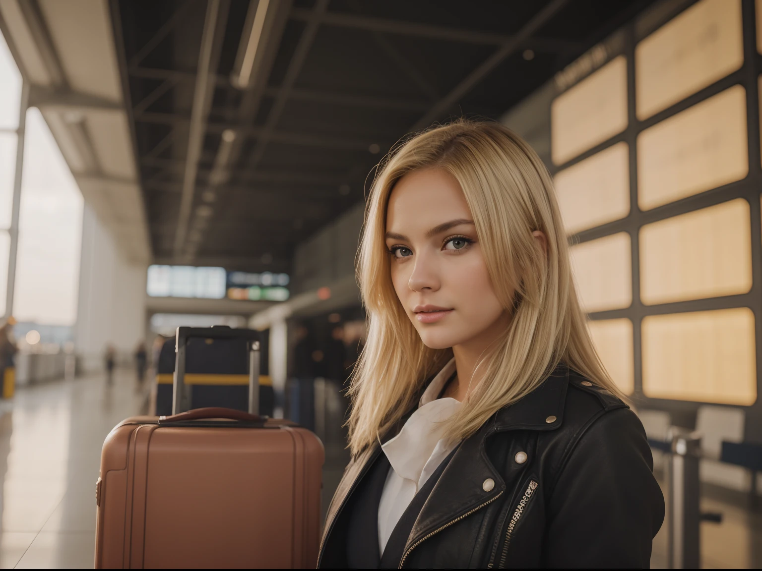 Airport terminal, Traveler, Departure board, Sunset, Aircraft, Luggage, Fashion, Adventure, Confidence., blonde hair, depth of field, ray tracing, Sony FE, Nikon, 85mm, UHD, retina, masterpiece, ccurate, anatomically correct, textured skin, super detail, high quality