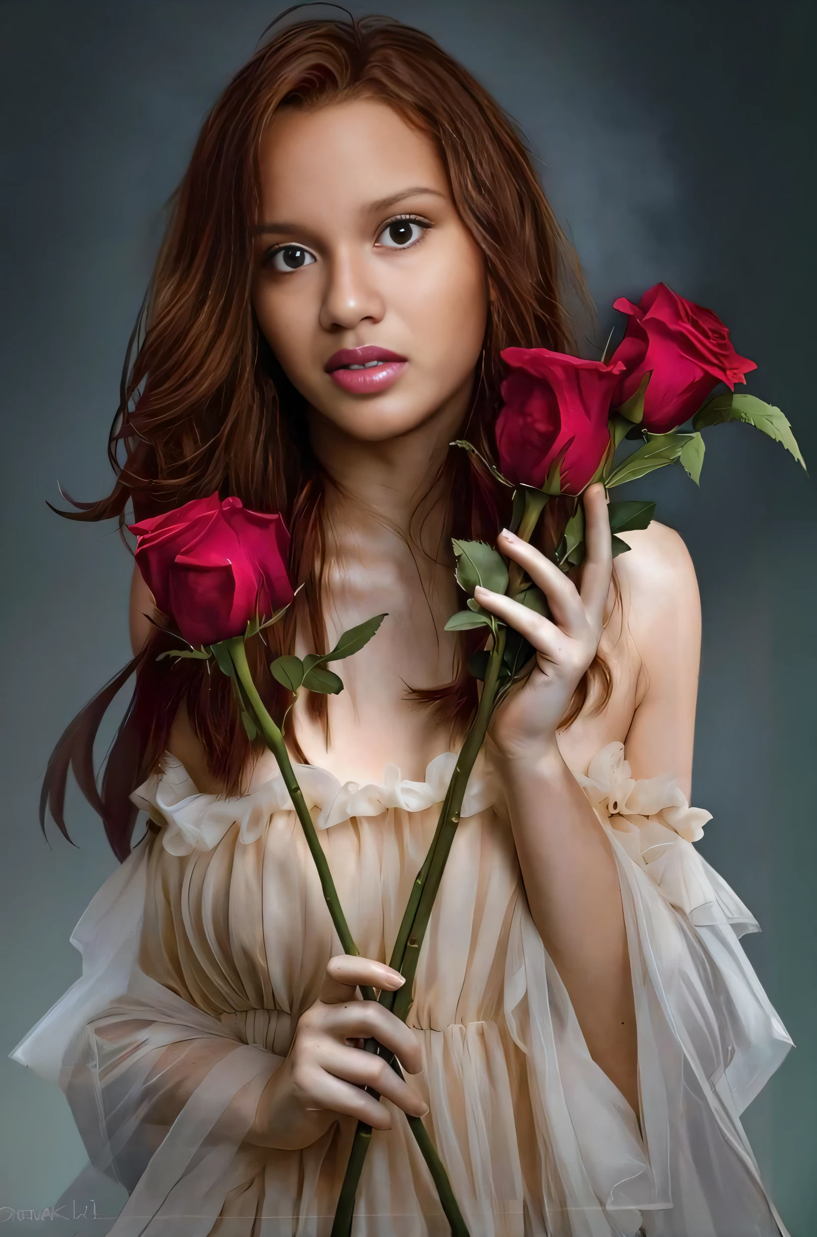 a woman with red hair holding two roses in her hands, com flores, Directed by: Willie Ito, Directed by: Eddie Mendoza, inspirado em Jorge Jacinto, inspirado em Juan Luna, rosas vermelhas, segurando uma rosa vermelha, segurando uma rosa, rosa vermelha no cabelo, Directed by: Ric Nagualero, lovely woman, rosas no cabelo, rosa vermelha, Directed by: Juan O'Gorman