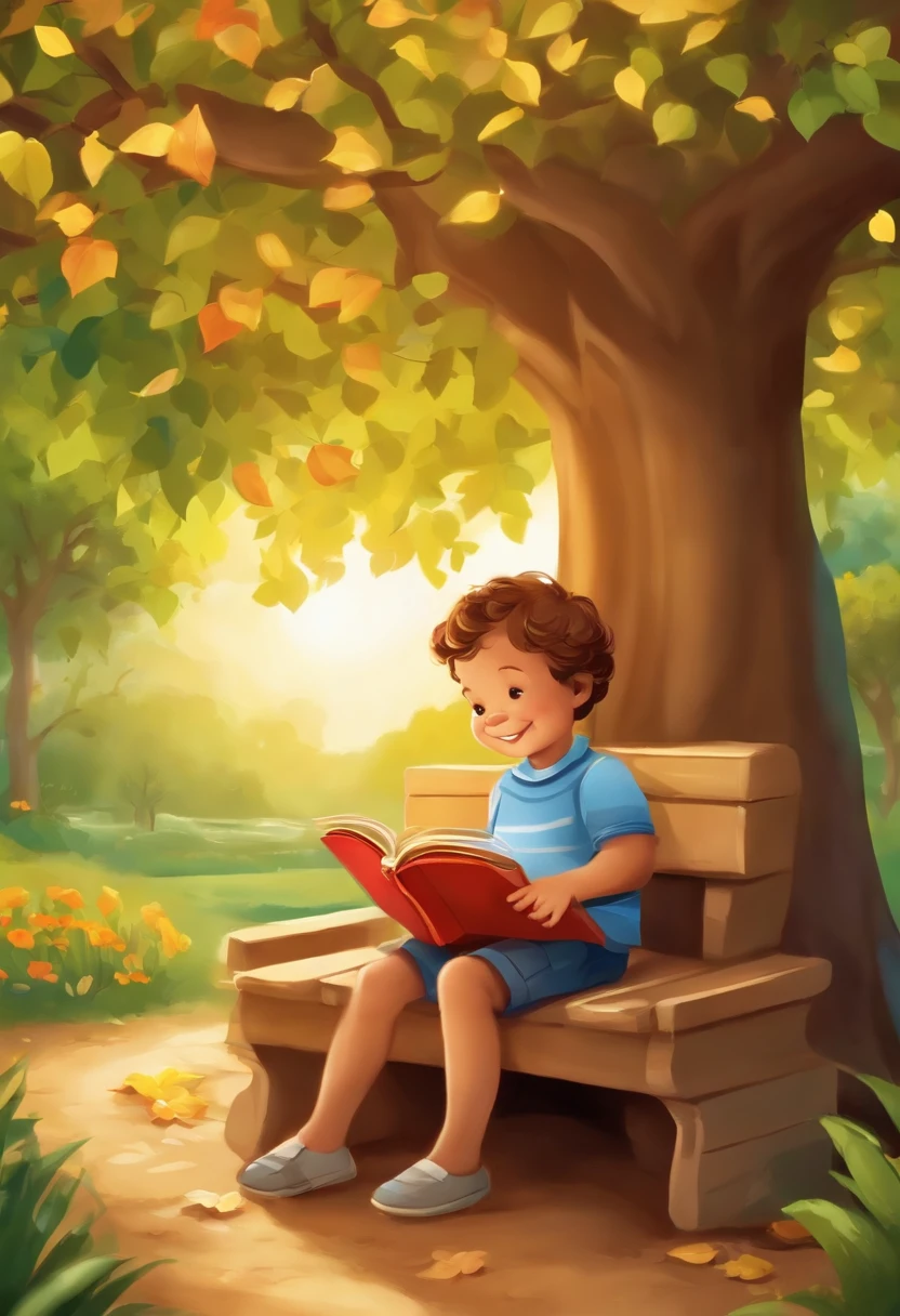 Cartoon style child sitting on a bench under a tree , various colorful books, The child has a radiant smile on his face as he plunges into the magical pages of an enchanting story. The sun shines softly through the leaves of the tree, criando um ambiente acolhedor e tranquilo. estilo cartoon infantil, lugar magico com fadas e vaga-lumes