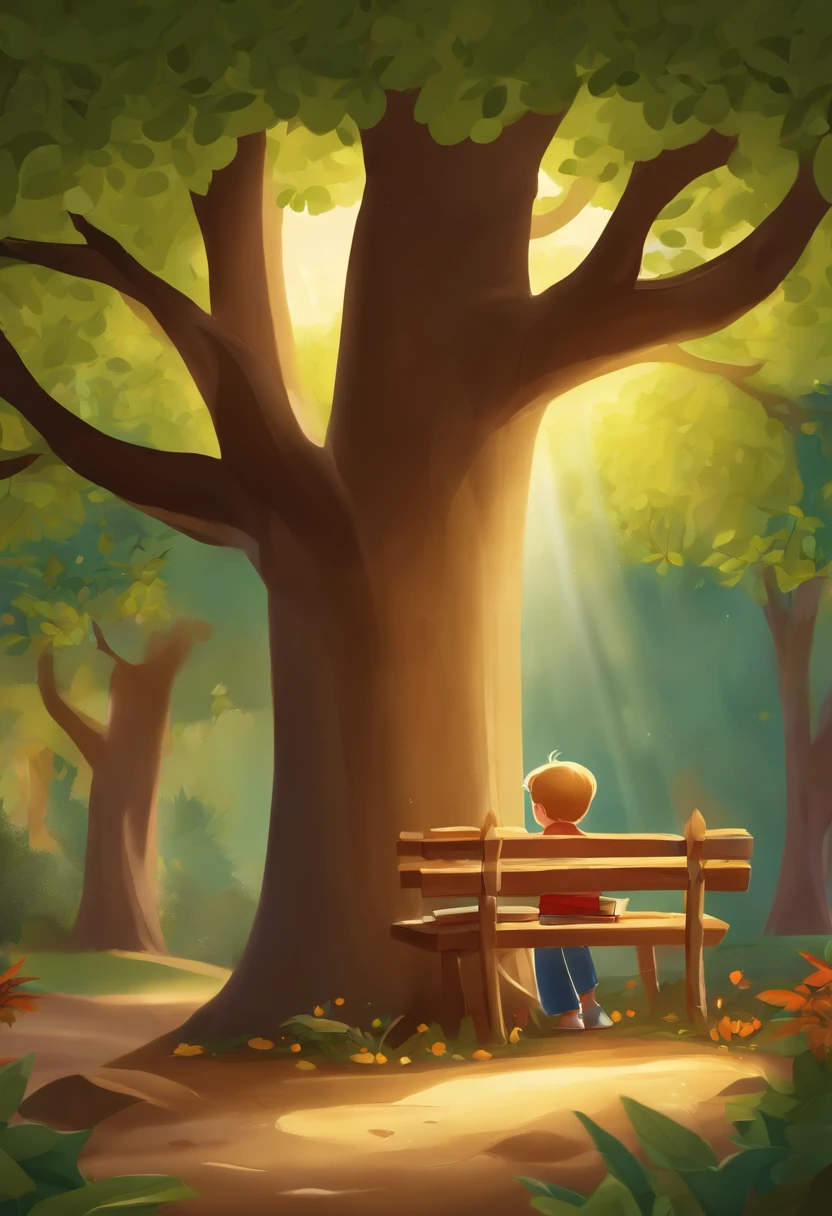 Cartoon style child sitting on a bench under a tree , various colorful books, The child has a radiant smile on his face as he plunges into the magical pages of an enchanting story. The sun shines softly through the leaves of the tree, criando um ambiente acolhedor e tranquilo. estilo cartoon infantil, lugar magico com fadas e vaga-lumes
