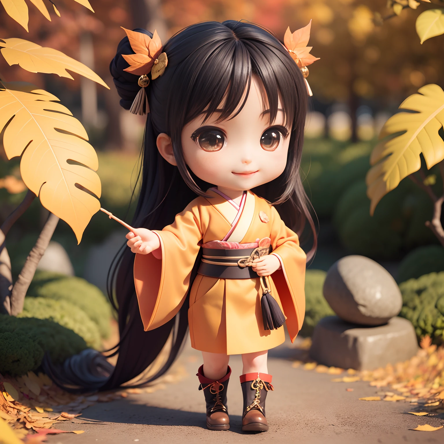Cute Baby Chibi Anime、(((Chibi 3D))) (Best Quality), (masutepiece)、Long Black Hair、Japan hair ornament、taisho roman、Red and orange kimono、Colored leaves、Royal Botanic Gardens in Autumn、specimen、Open your mouth and smile、Standing、stone pavement、Laced boots、Holding the autumn leaves in your hands