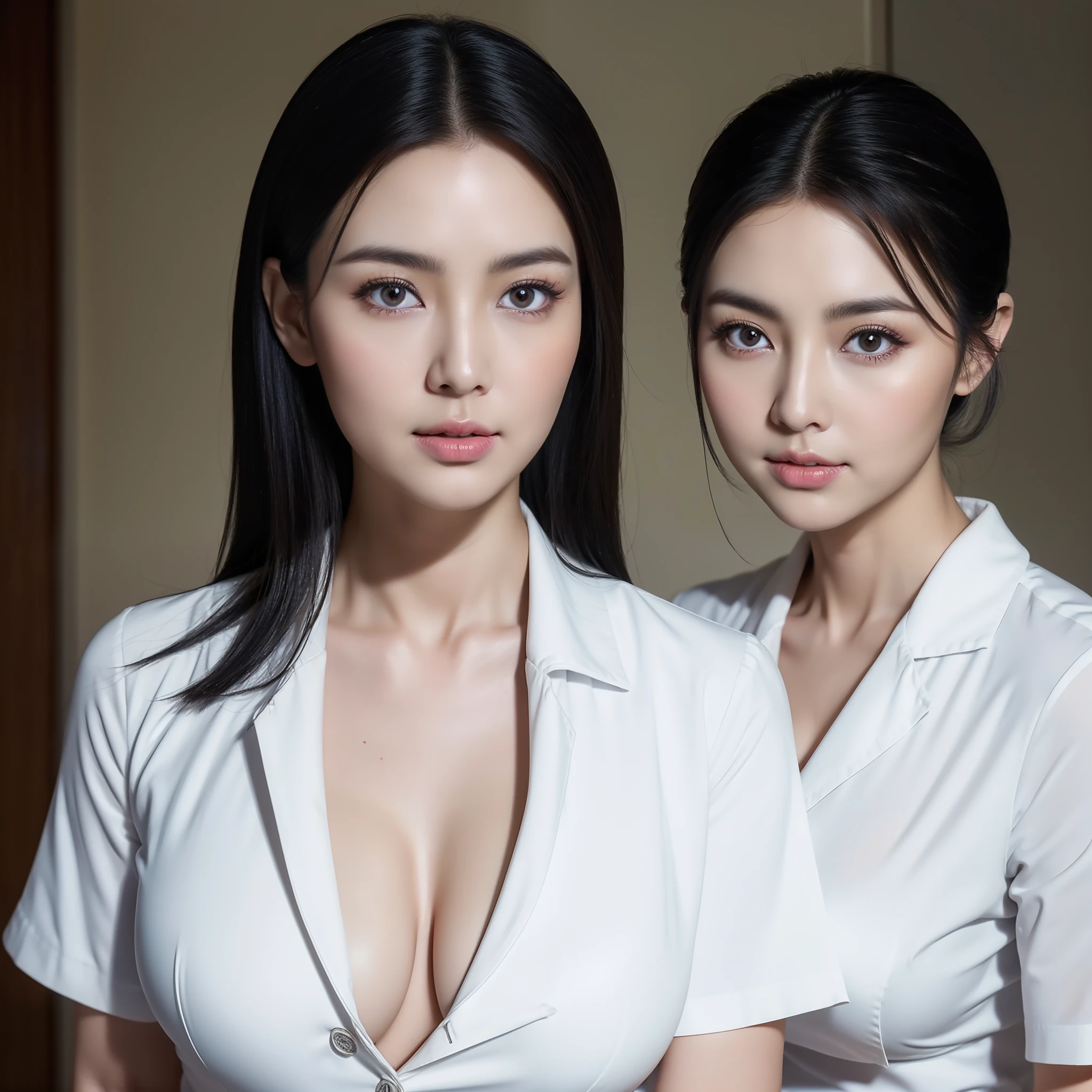 8K with the highest image quality、Beautiful mature woman wearing nurse clothes(Beautiful breasts with a gentle face) Working in a ward、Medium hair with black hair、Full body like、Undersized eyes、well-formed nose、