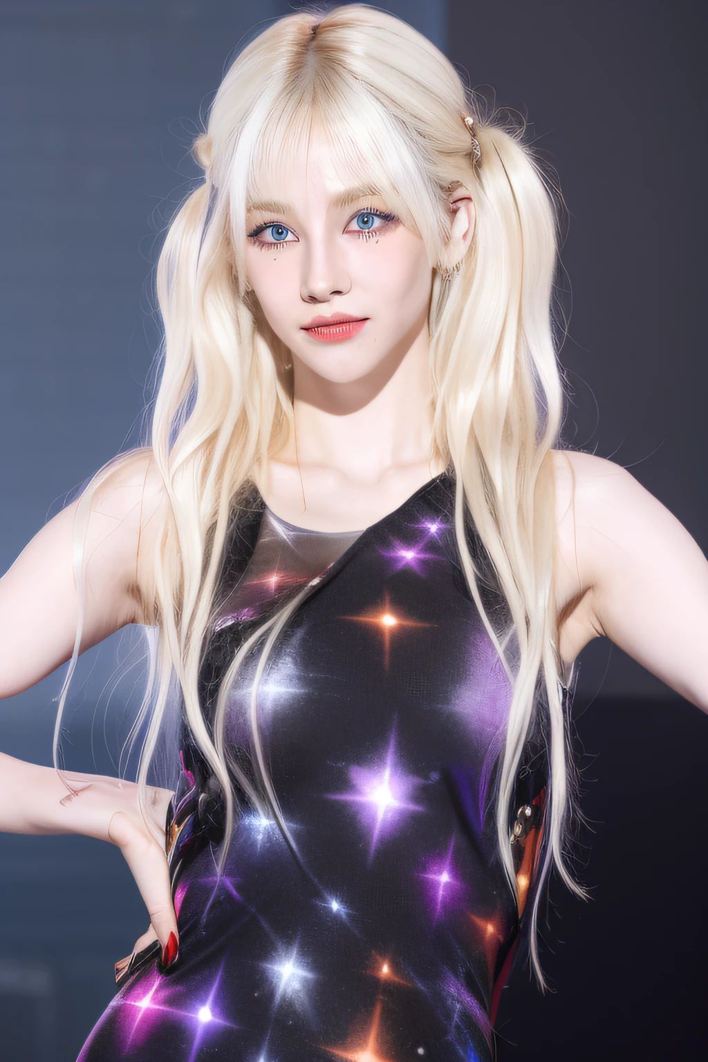 (8k, 4k, best quality, highres, ultra high res:1.1), (masterpiece, realistic, photo-realistic:1.1), 1girl, face, close-up, twintails, blonde hair, black eyes, red lips, (looking at viewer:2), absurdly long hair, long eyelashes, eyeshadow, small face, big eyes, bare shoulders, high contrast,blue eyes,equel eiris