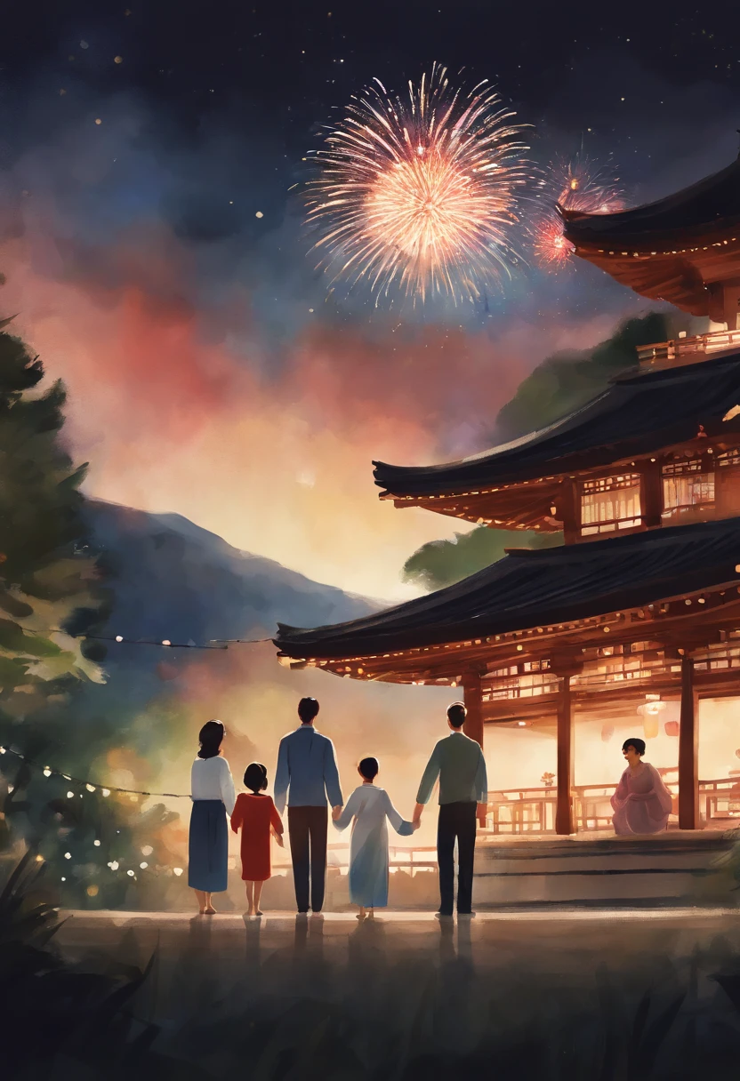 A modern watercolor painting of a family watching a fireworks festival in yukata. The scene is festive and cheerful, with bright colors and sparkles in the sky. The family is smiling and holding hands, enjoying the spectacle and the summer night. The background is crowded with people in traditional attire, creating a contrast with the modern style of the painting.