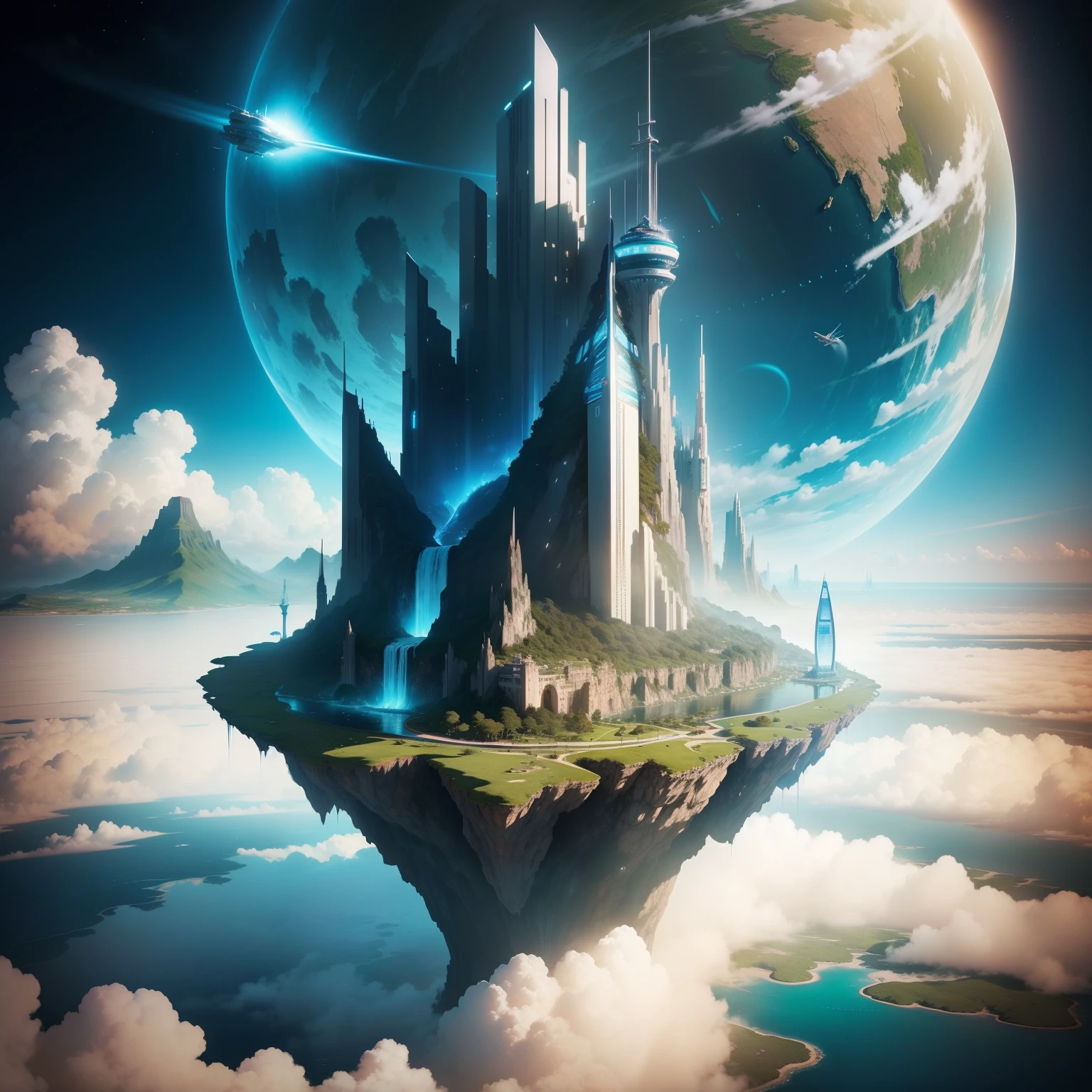 A huge island floating above the clouds、cyberpunked、great outdoors、huge waterfall、Fantasy world、epcot、Sky City、top-quality、SFart by、Sky City、超A high resolution、planet earth、dream、utopian、Huge skyscrapers