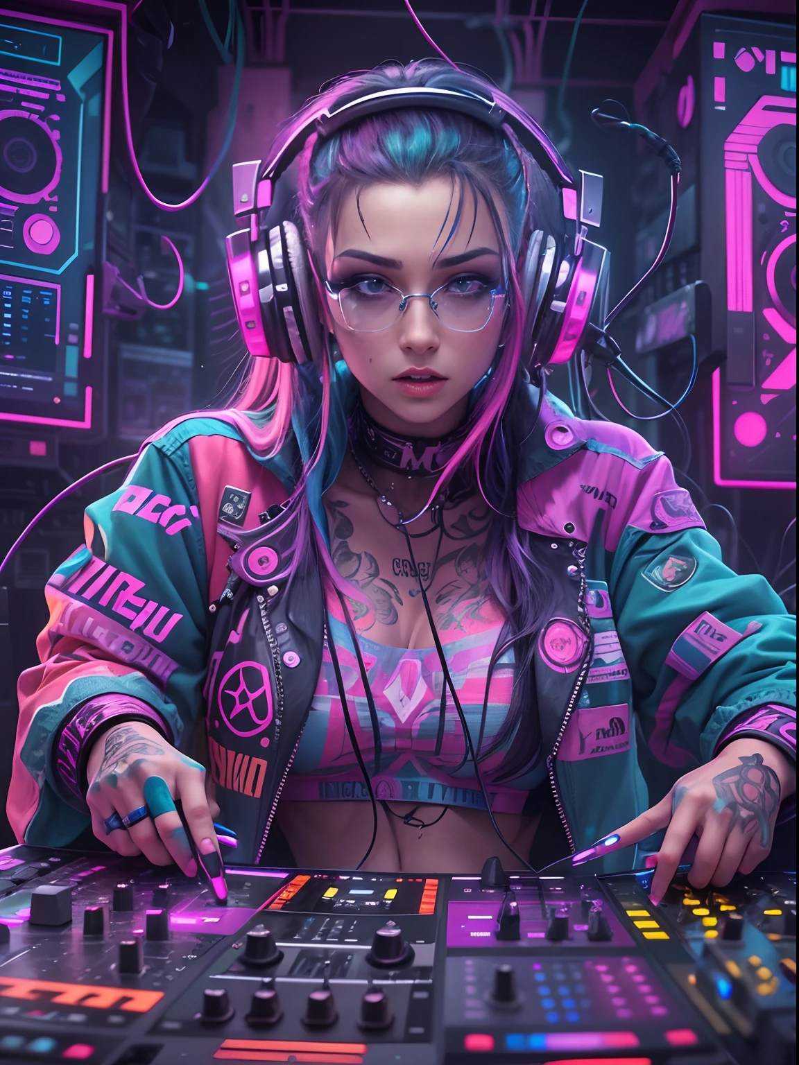 colorido, hyper-realistic , Cyberpunk, Psychedelic female DJ , Energia ilimitada, full of passion,  usando roupas de vampiro integradas com trajes de DJ Cyberpunk modernos, completo com fones de ouvido e microfone, decote tatuado, Tattooed arms.  The DJ's musical instruments are so sophisticated, Neon cables in all lugaNada, Colorful neon cables add a futuristic impNadasão that is so strong, Psychedelic, neon yarn, colorido, energia,  Epic Futurism, louco, explosivo, High_Nada, Very detailed