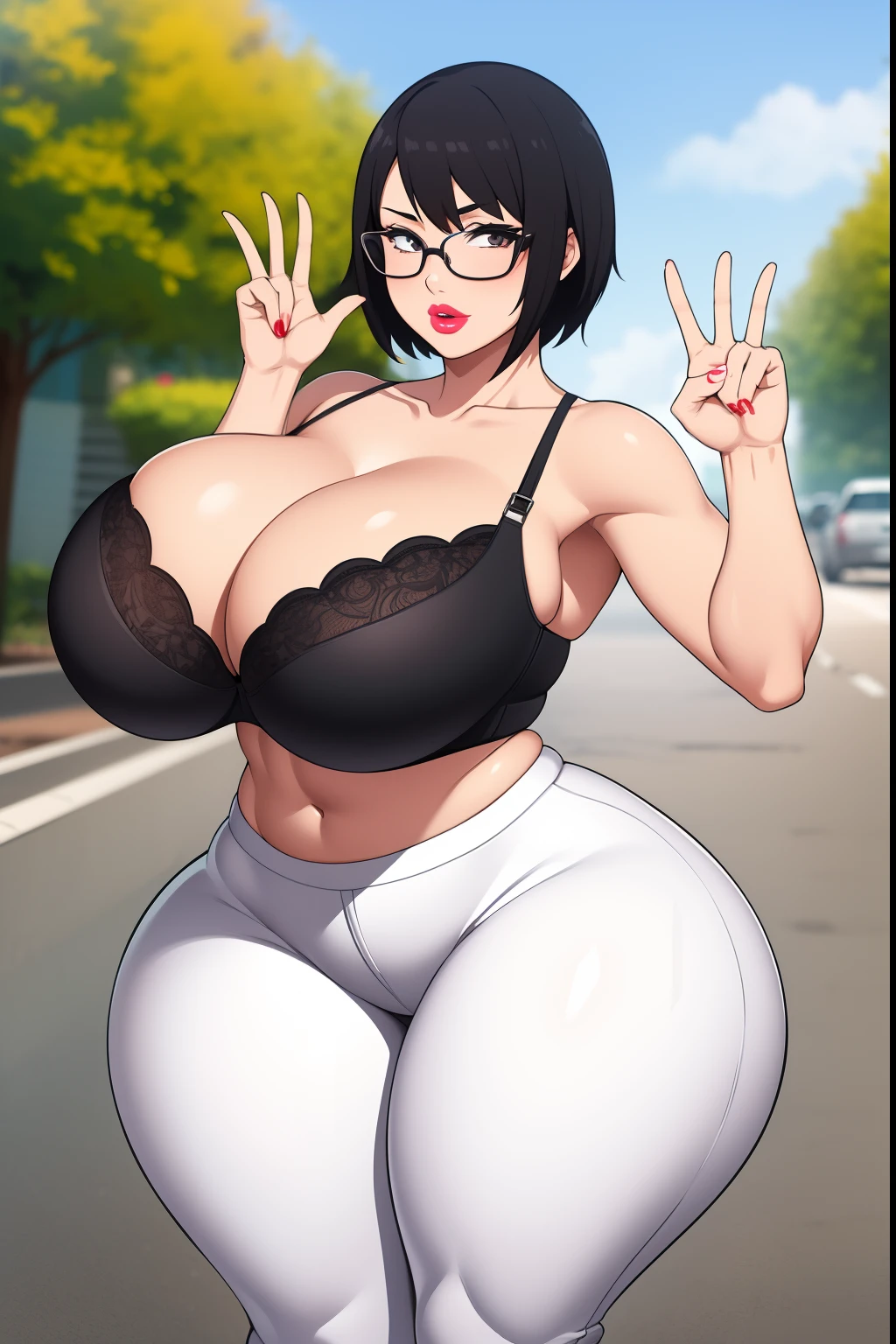 Shizune, 1girl, ((bimbo))), short black hair, glasses, puffy lips, painted lips, thick lips, wide hips, thick thighs, huge ass, bimbo face , enormous huge natural breasts, black bra, white pants, hanging breasts, posing, hand signs,
