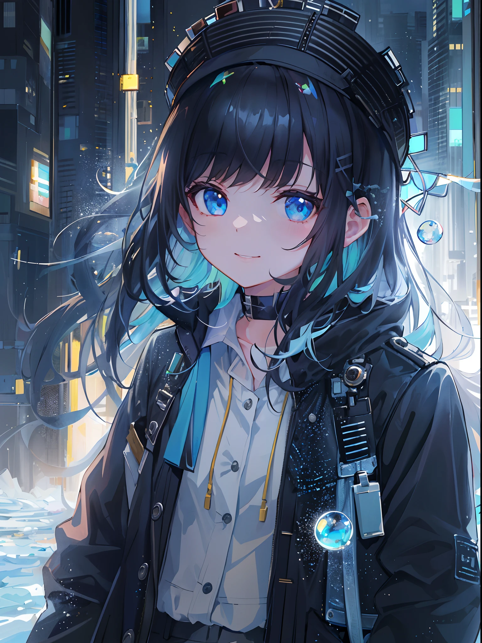 ((top-quality)), ((masterpiece)), ((ultra-detailliert)), (extremely delicate and beautiful), girl with, 独奏, cold attitude,((Black jacket)),She is very(relax)with the(Settled down)Looks,A dark-haired, depth of fields,evil smile,Bubble, under the water, Air bubble,bright light blue eyes,Inner color with black hair and light blue tips,Cold background,Bob Hair - Linear Art, shortpants、knee high socks、White uniform like school uniform、Light blue ribbon ties、Clothes are sheer、Hands in pockets