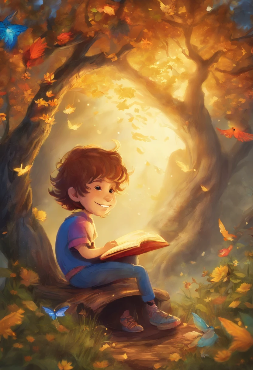 Cartoon style child sitting on a bench under a tree , various colorful books, The child has a radiant smile on his face as he plunges into the magical pages of an enchanting story. The sun shines softly through the leaves of the tree, criando um ambiente acolhedor e tranquilo. estilo cartoon infantil, lugar magico com fadas e vaga-lumes