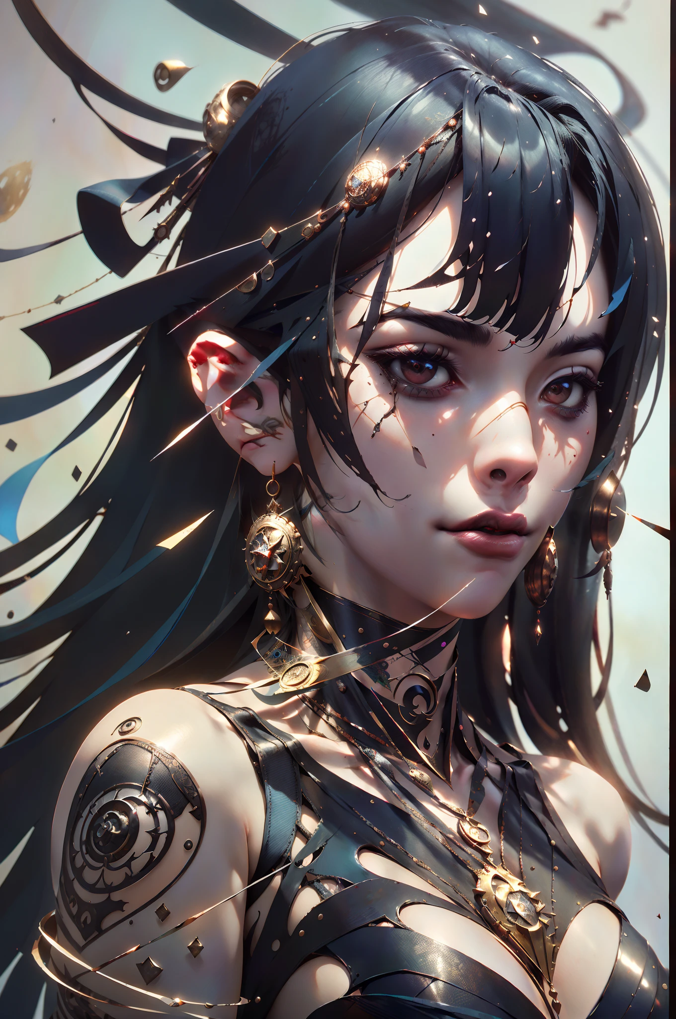 Beautiful photorealistic photograph of demonic woman wearing delicate chains of intricate jewelry, Chifres Pequenos, Asian eyes, Seios enormes, corpo inteiro, dynamic pose, ethereal background, beleza abstrata, Approaching perfection, forma pura, arte conceitual, por Brian Froud e Carne Griffiths e Wadim Kashin e John William Waterhouse, detalhes intrincados, 8k post production, high resolution, hiperdetalhado, trending on ArtStation, foco nítido, Studio photo, detalhes intrincados, altamente detalhado, Directed by: Greg Rutkowski