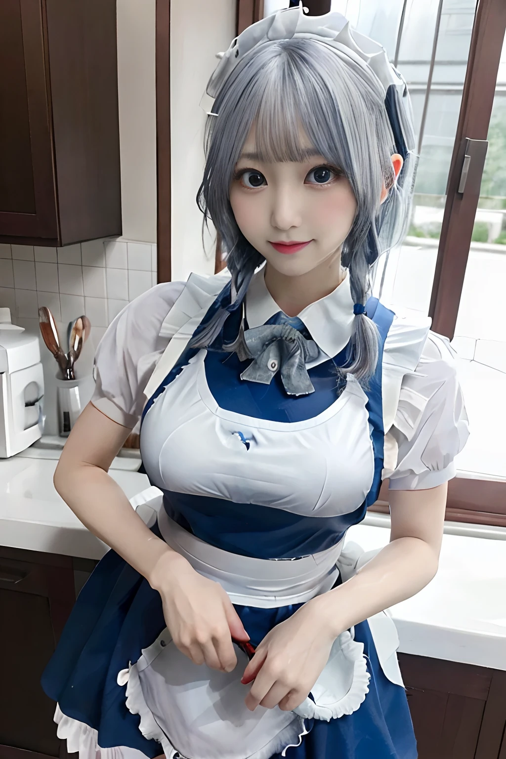 masterpiece, top-quality,photographic quality,Raw photo, Hi-Res, 1girl in, 独奏, sakuya1, Maids,White apron,Blue maid clothes, greyt hair, large full breasts,sexy pose,Cosplay,fish-eye lens,Blur the background