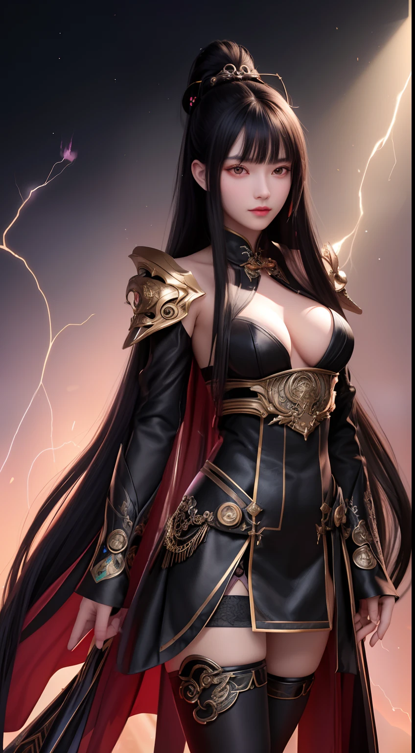 China,Dark Big Oriental eyes,Black long hair gathered in a Chinese ponytail,leather cloak, with metal shoulder pads,scatters star rays,fantasy ,Blend of black gold,colorful Pattern, Dragon Pattern Road, prince, palace,Lightning effect,arms behind back,hands behind back, black lence stockings,Strangle,