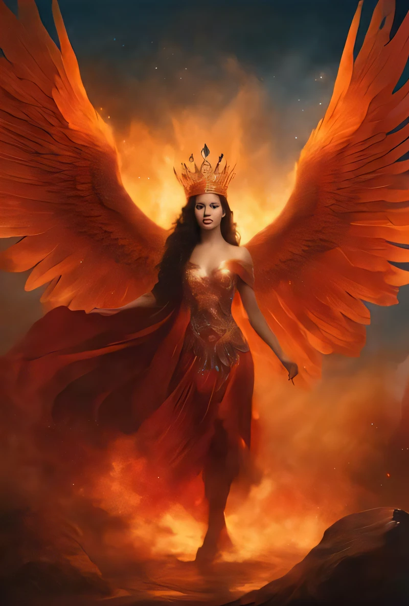 a woman with wings and a crown standing in the sky, aparece como a deusa do fogo, com asas douradas ardentes, com asas douradas ardentes de chama, A Deusa Borboleta do Fogo, Deusa do fogo, phoenix rising from the ashes, Deusa da Raiva, phoenix rising, deusa do fogo, Rainha do Inferno, lord of change, A Rainha do Fogo, artwork of a phoenix