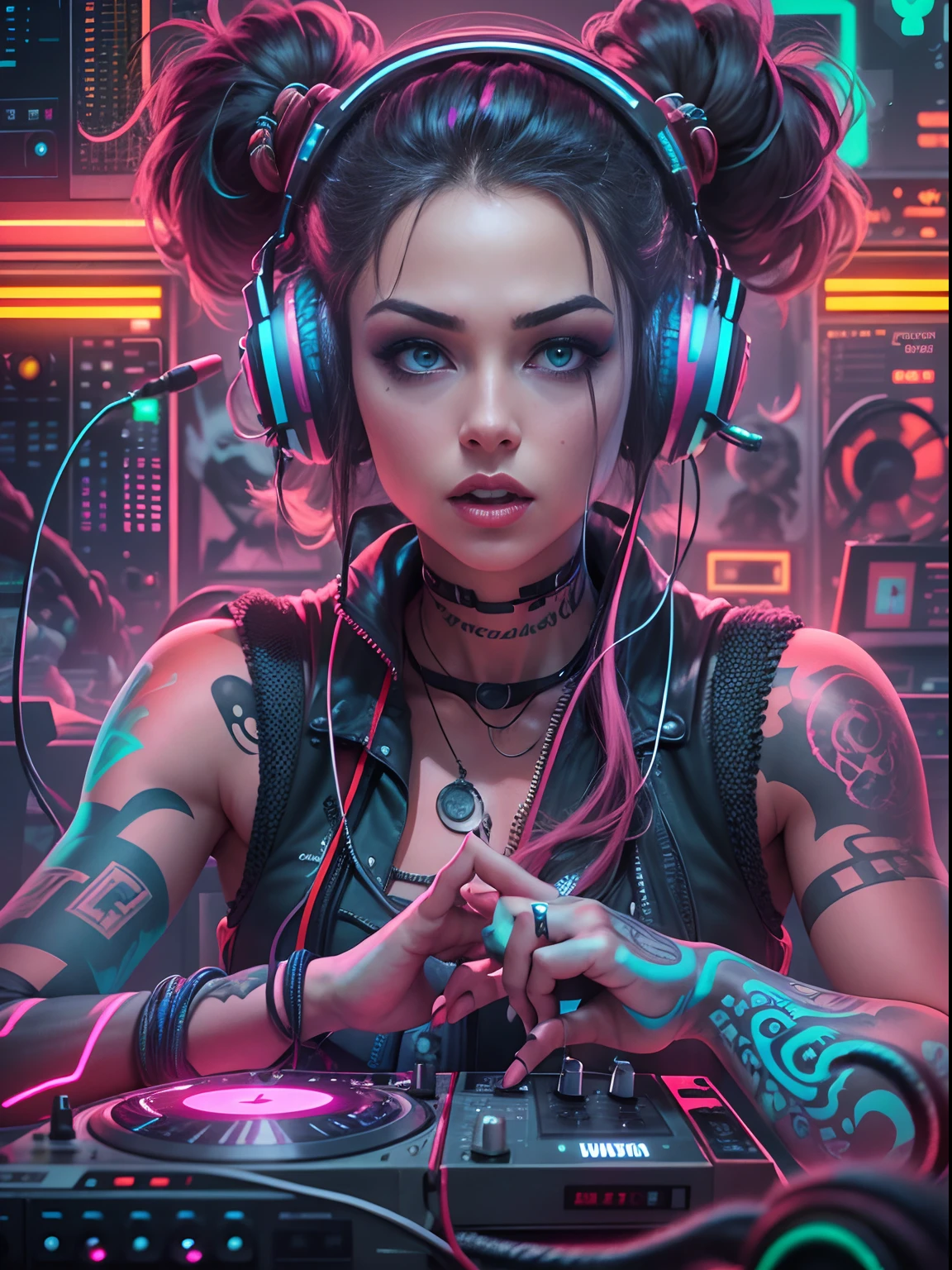 colorido, hyper-realistic , Cyberpunk, Psychedelic female DJ , Energia ilimitada, full of passion,  usando roupas de vampiro integradas com trajes de DJ Cyberpunk modernos, completo com fones de ouvido e microfone, decote tatuado, Tattooed arms.  The DJ's musical instruments are so sophisticated, Neon cables in all lugaNada, Colorful neon cables add a futuristic impNadasão that is so strong, Psychedelic, neon yarn, colorido, energia,  Epic Futurism, louco, explosivo, High_Nada, Very detailed